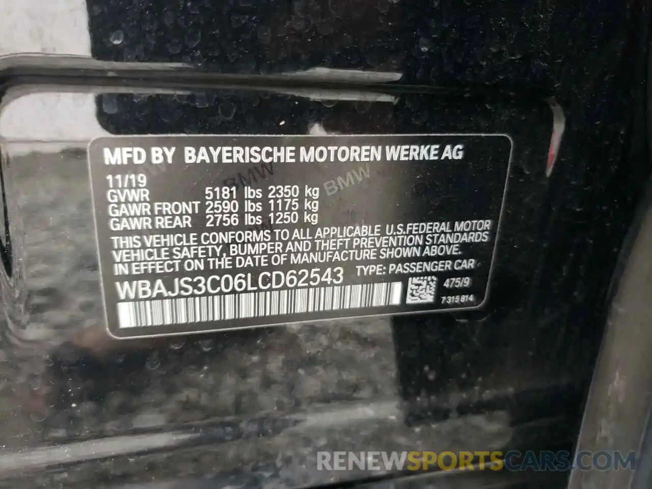 10 Фотография поврежденного автомобиля WBAJS3C06LCD62543 BMW 5 SERIES 2020