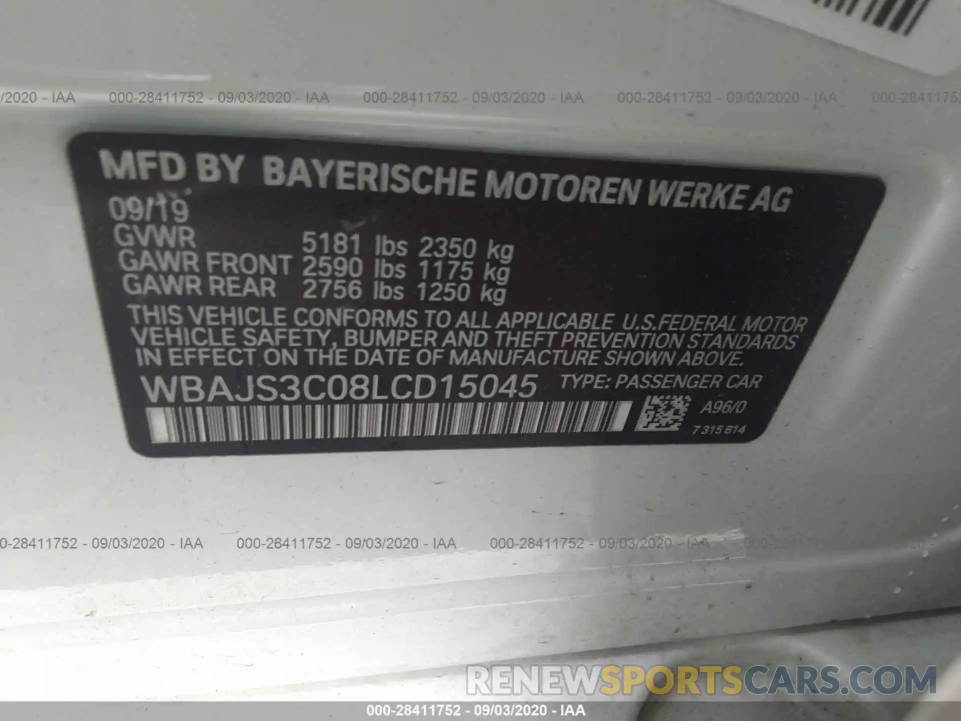 9 Фотография поврежденного автомобиля WBAJS3C08LCD15045 BMW 5 SERIES 2020