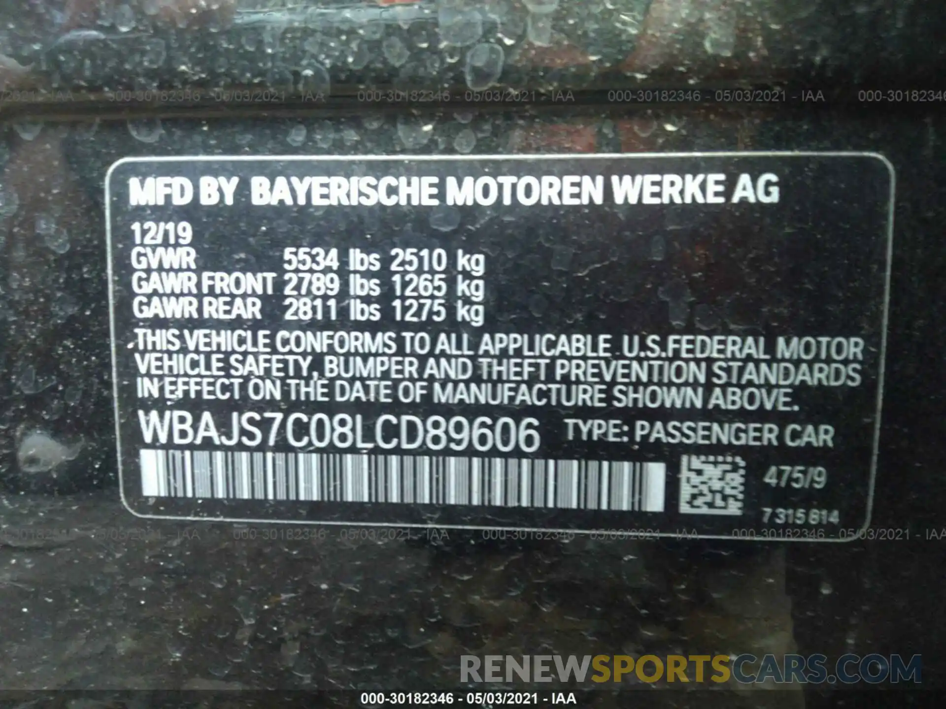 9 Photograph of a damaged car WBAJS7C08LCD89606 BMW 5 SERIES 2020