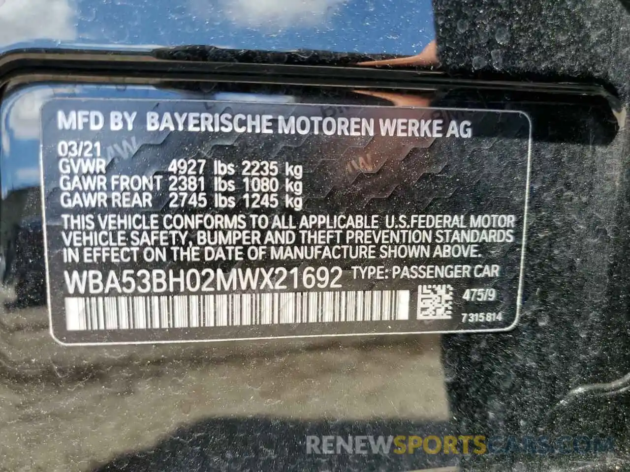 10 Фотография поврежденного автомобиля WBA53BH02MWX21692 BMW 5 SERIES 2021