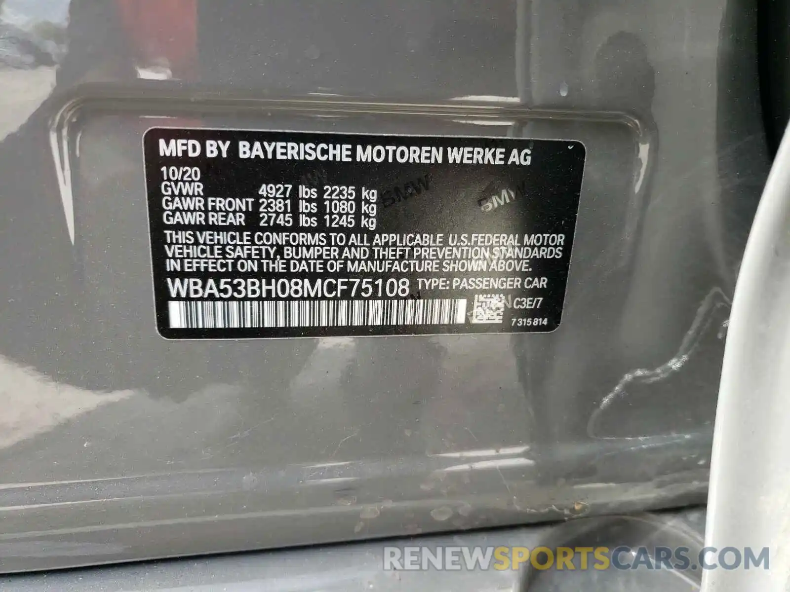 10 Photograph of a damaged car WBA53BH08MCF75108 BMW 5 SERIES 2021