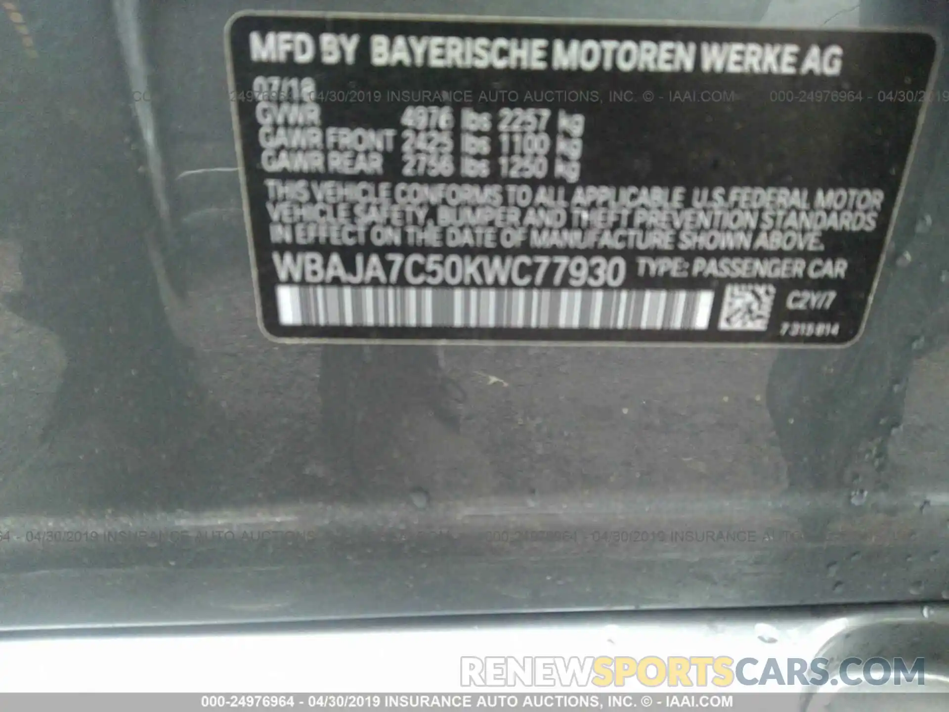 9 Photograph of a damaged car WBAJA7C50KWC77930 BMW 530 2019
