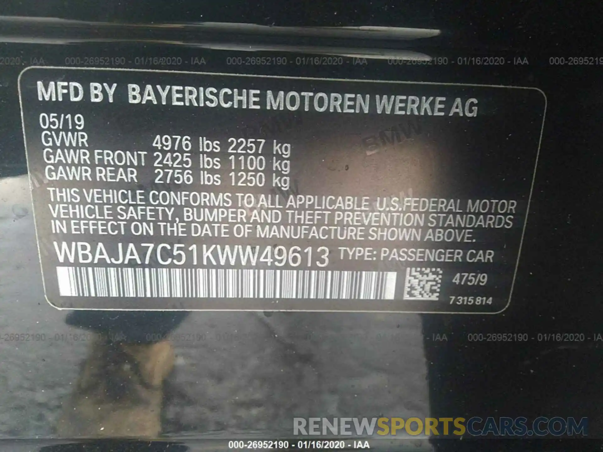 9 Photograph of a damaged car WBAJA7C51KWW49613 BMW 530 2019