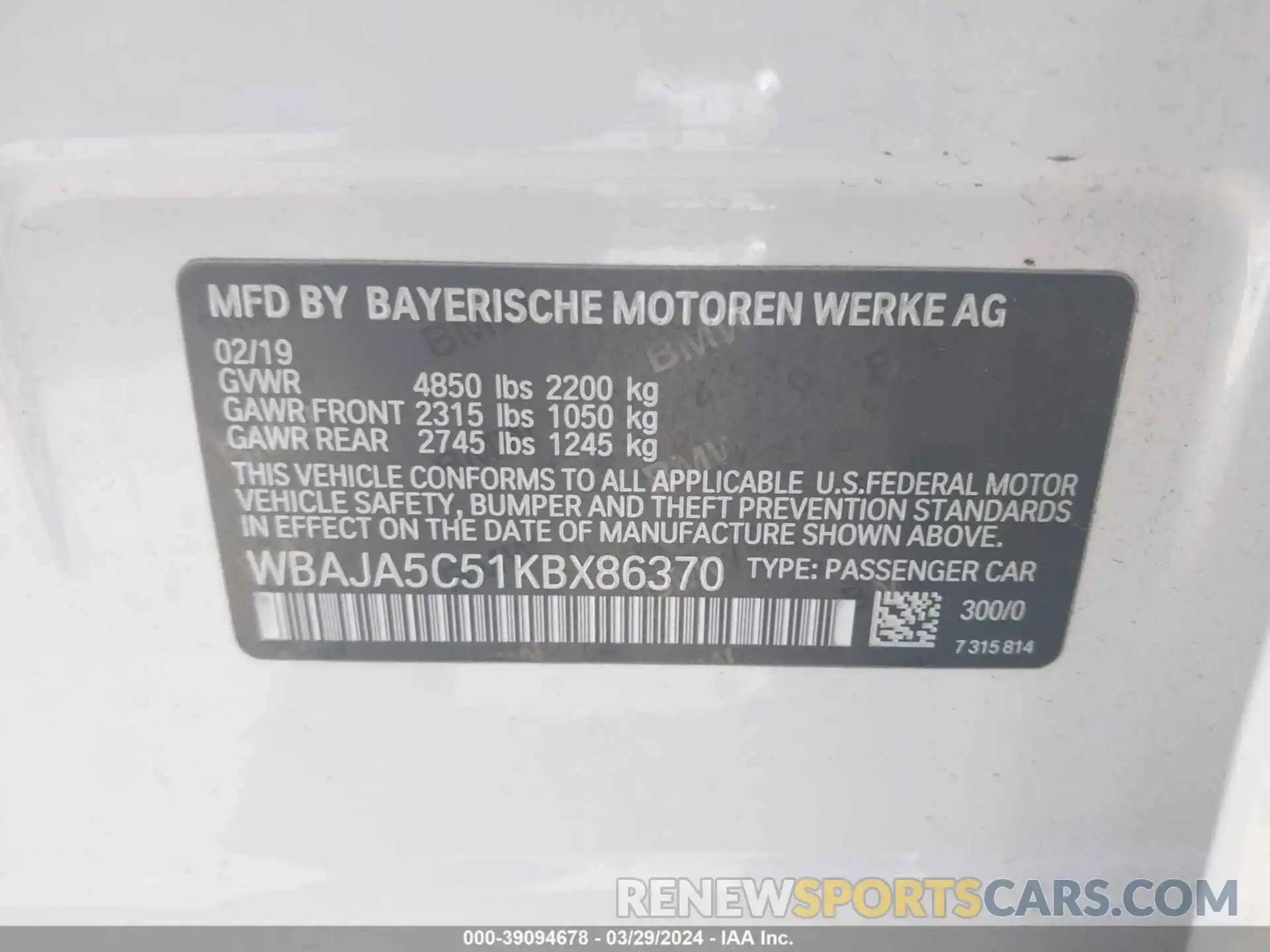 9 Photograph of a damaged car WBAJA5C51KBX86370 BMW 530I 2019