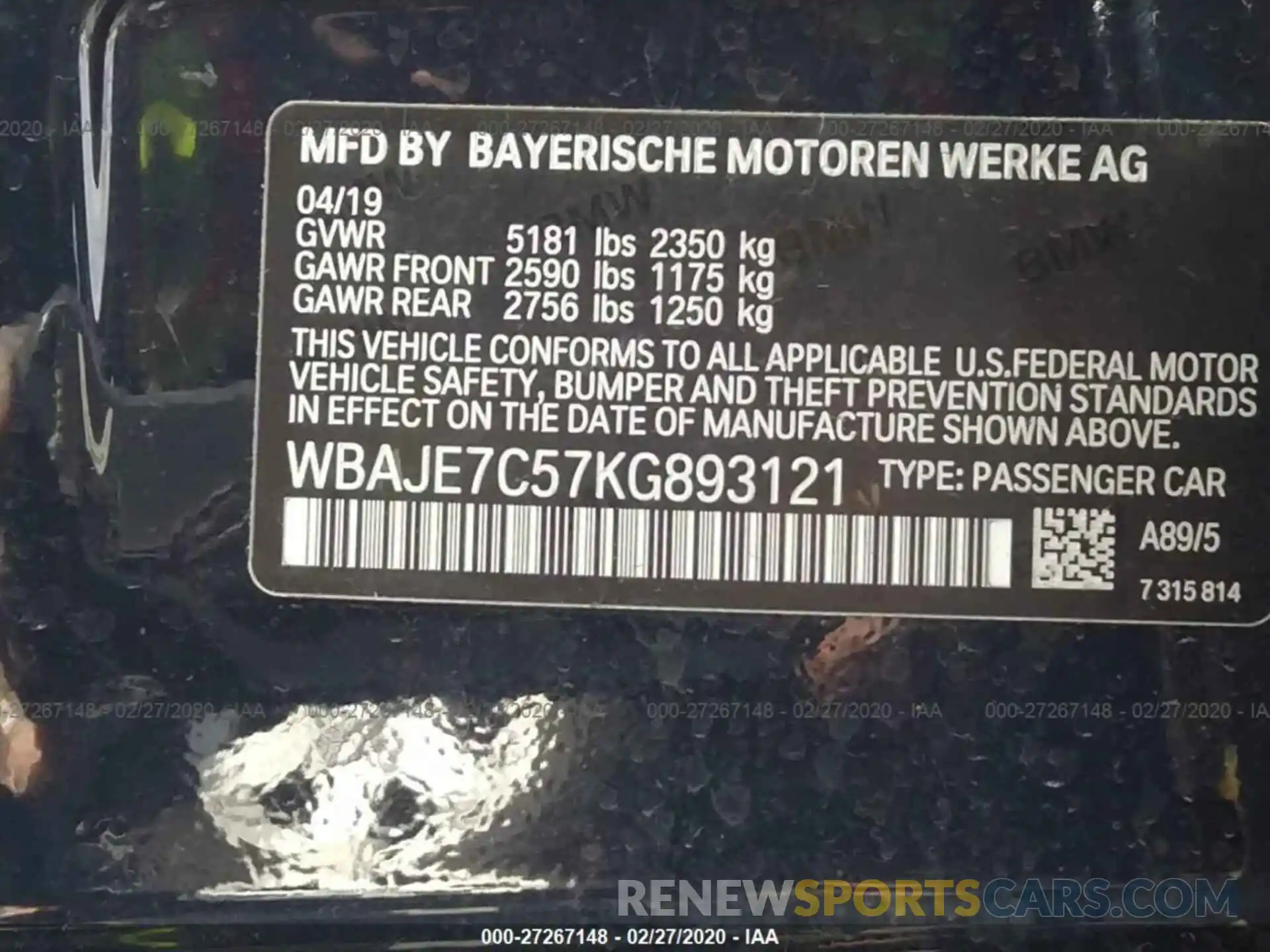 9 Фотография поврежденного автомобиля WBAJE7C57KG893121 BMW 540 2019