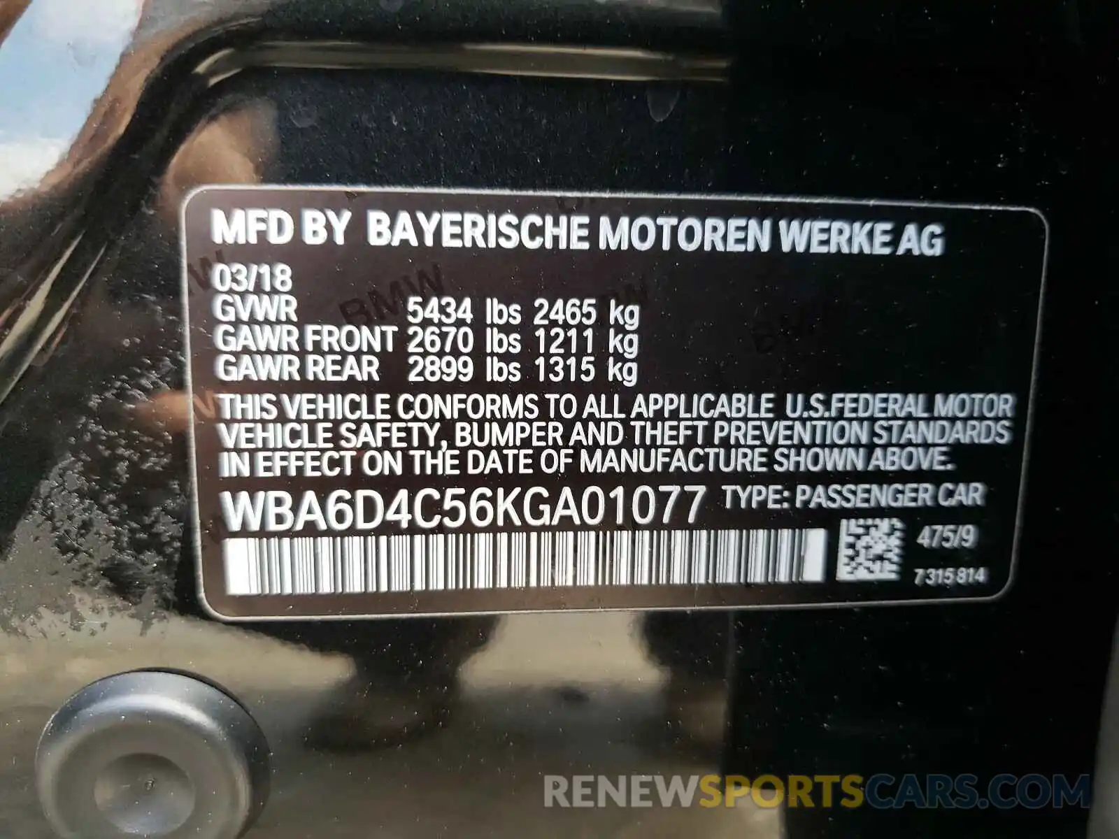 10 Photograph of a damaged car WBA6D4C56KGA01077 BMW 6 SERIES 2019