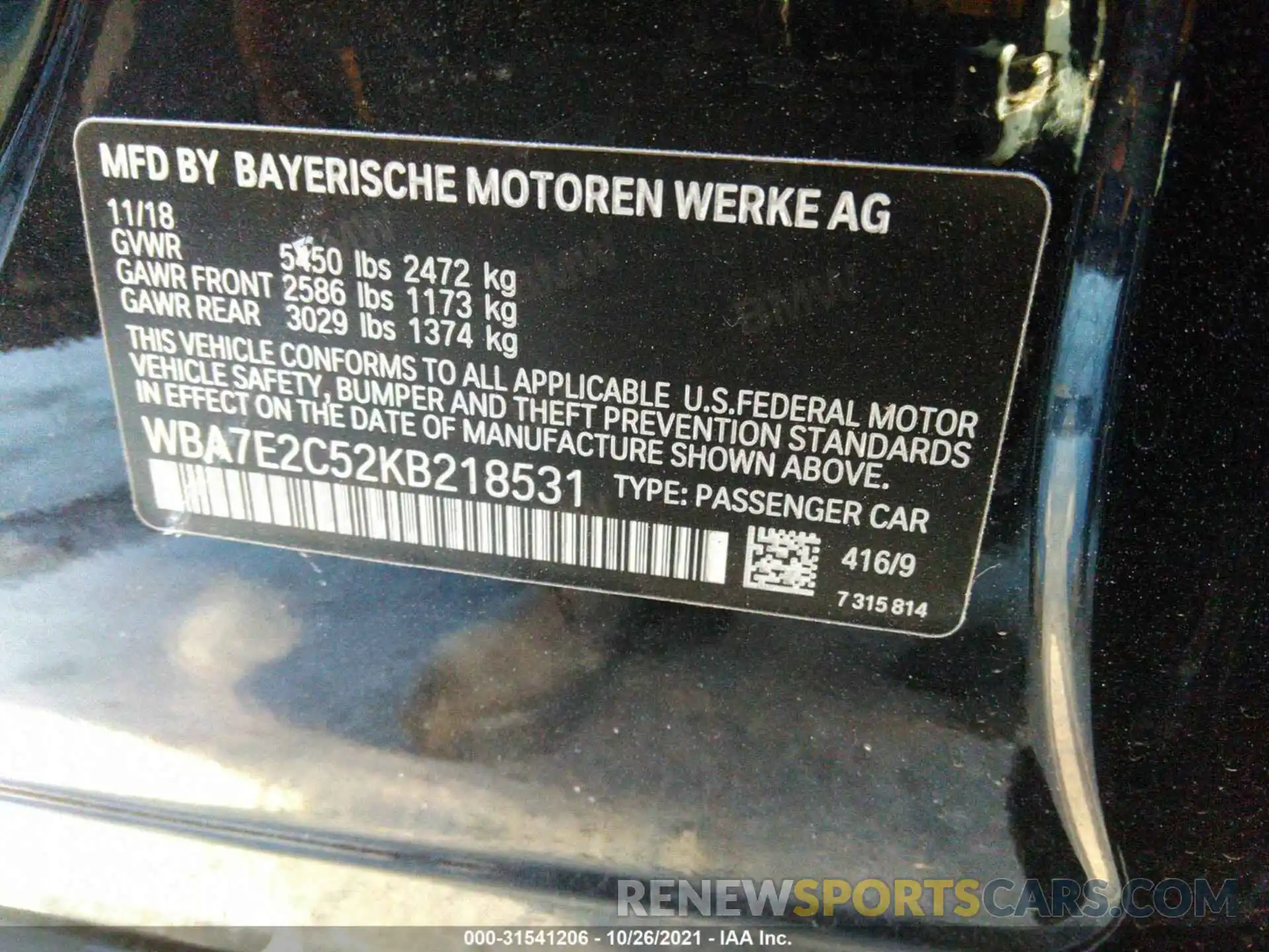 9 Photograph of a damaged car WBA7E2C52KB218531 BMW 7 SERIES 2019