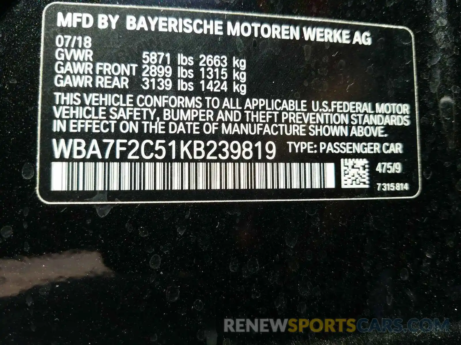 10 Photograph of a damaged car WBA7F2C51KB239819 BMW 7 SERIES 2019