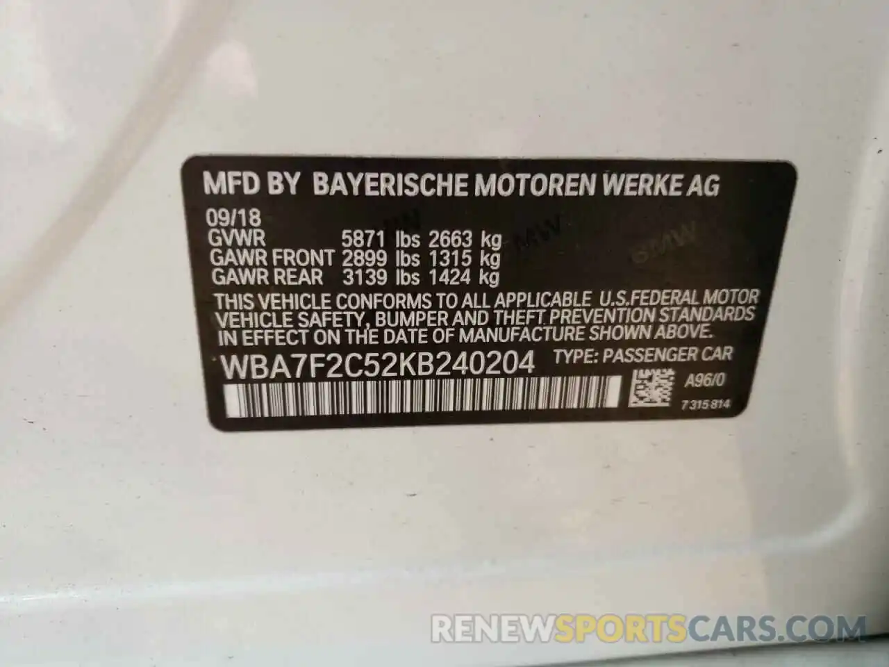 10 Photograph of a damaged car WBA7F2C52KB240204 BMW 7 SERIES 2019