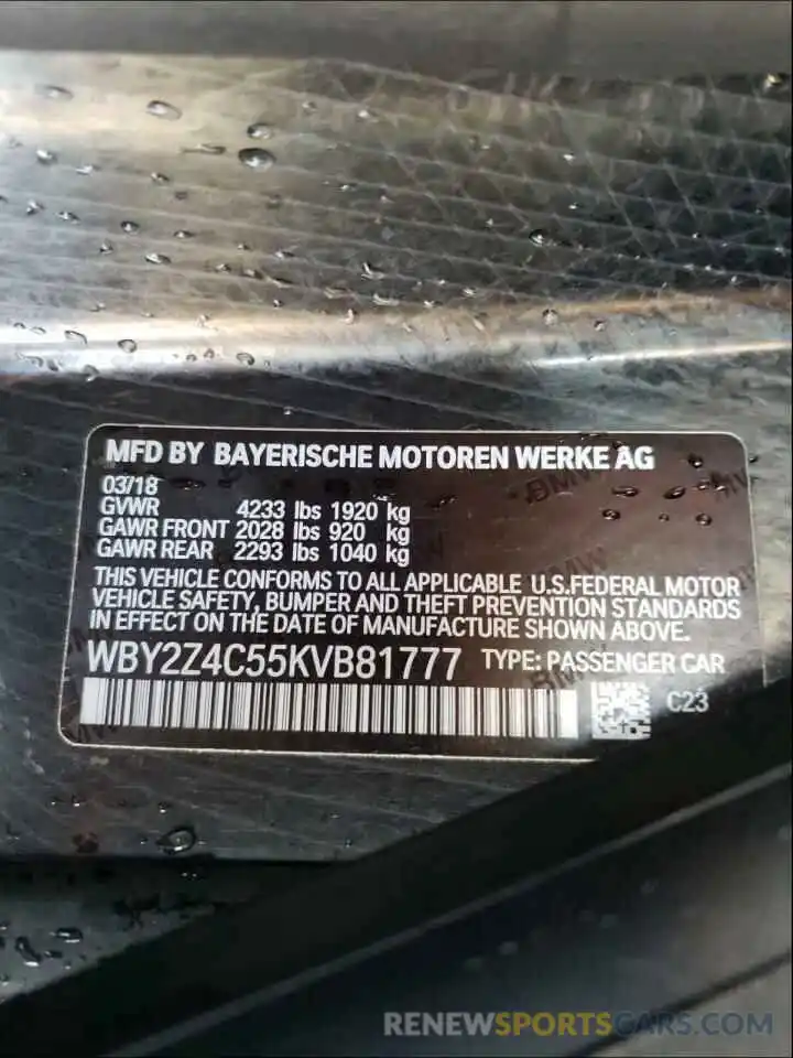 10 Photograph of a damaged car WBY2Z4C55KVB81777 BMW I SERIES 2019