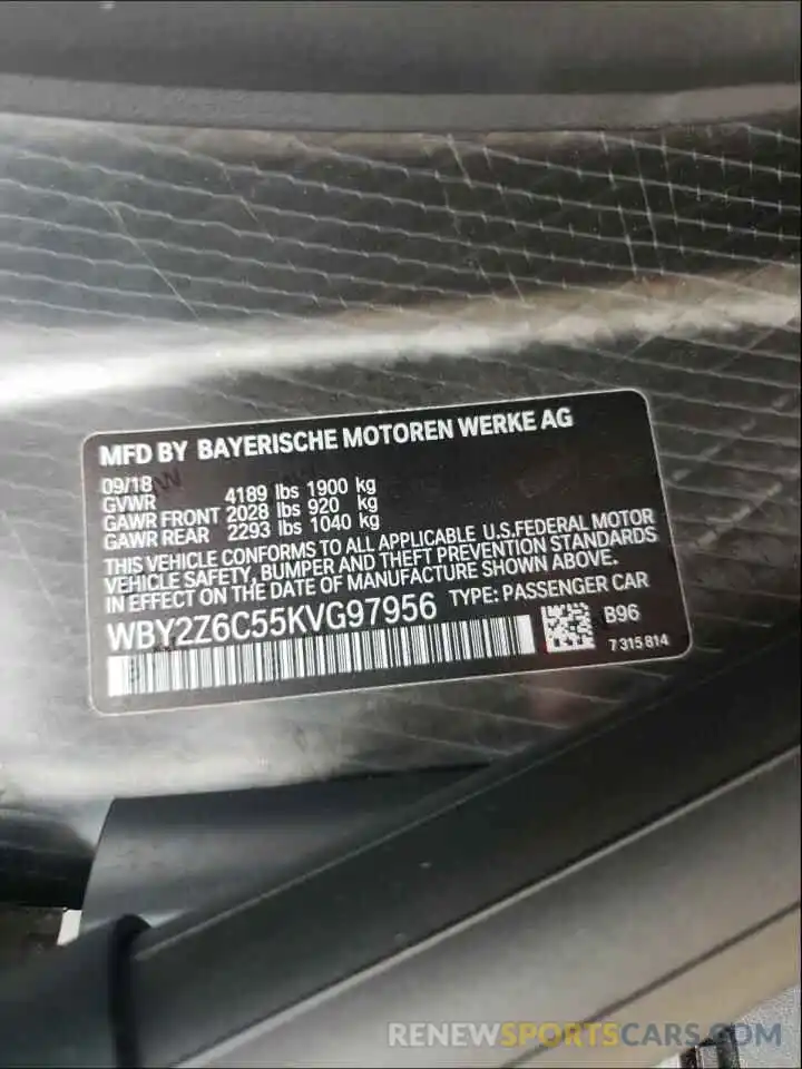 10 Photograph of a damaged car WBY2Z6C55KVG97956 BMW I SERIES 2019