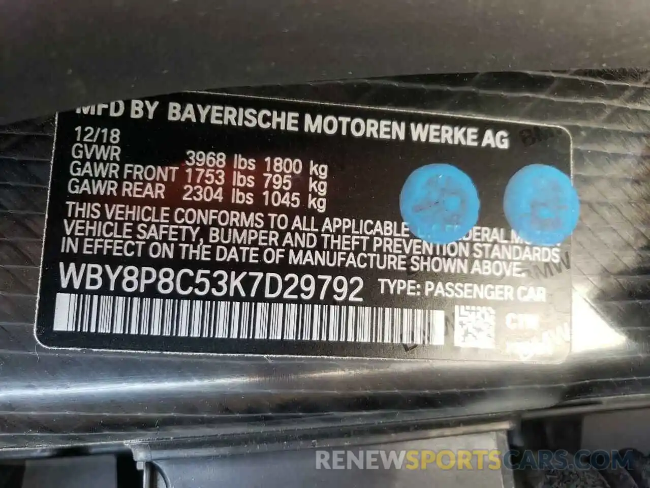 10 Photograph of a damaged car WBY8P8C53K7D29792 BMW I SERIES 2019