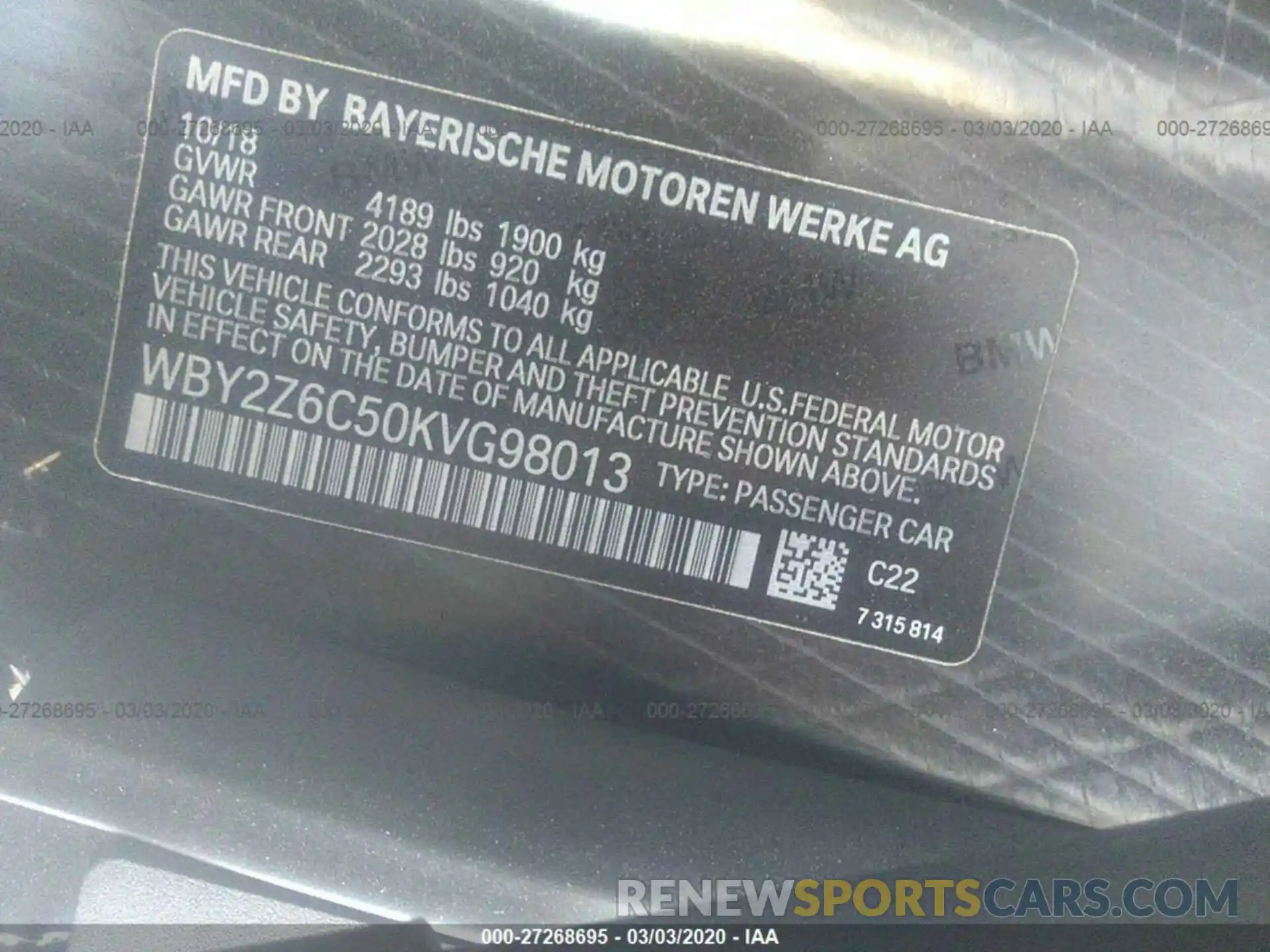 9 Photograph of a damaged car WBY2Z6C50KVG98013 BMW I8 2019