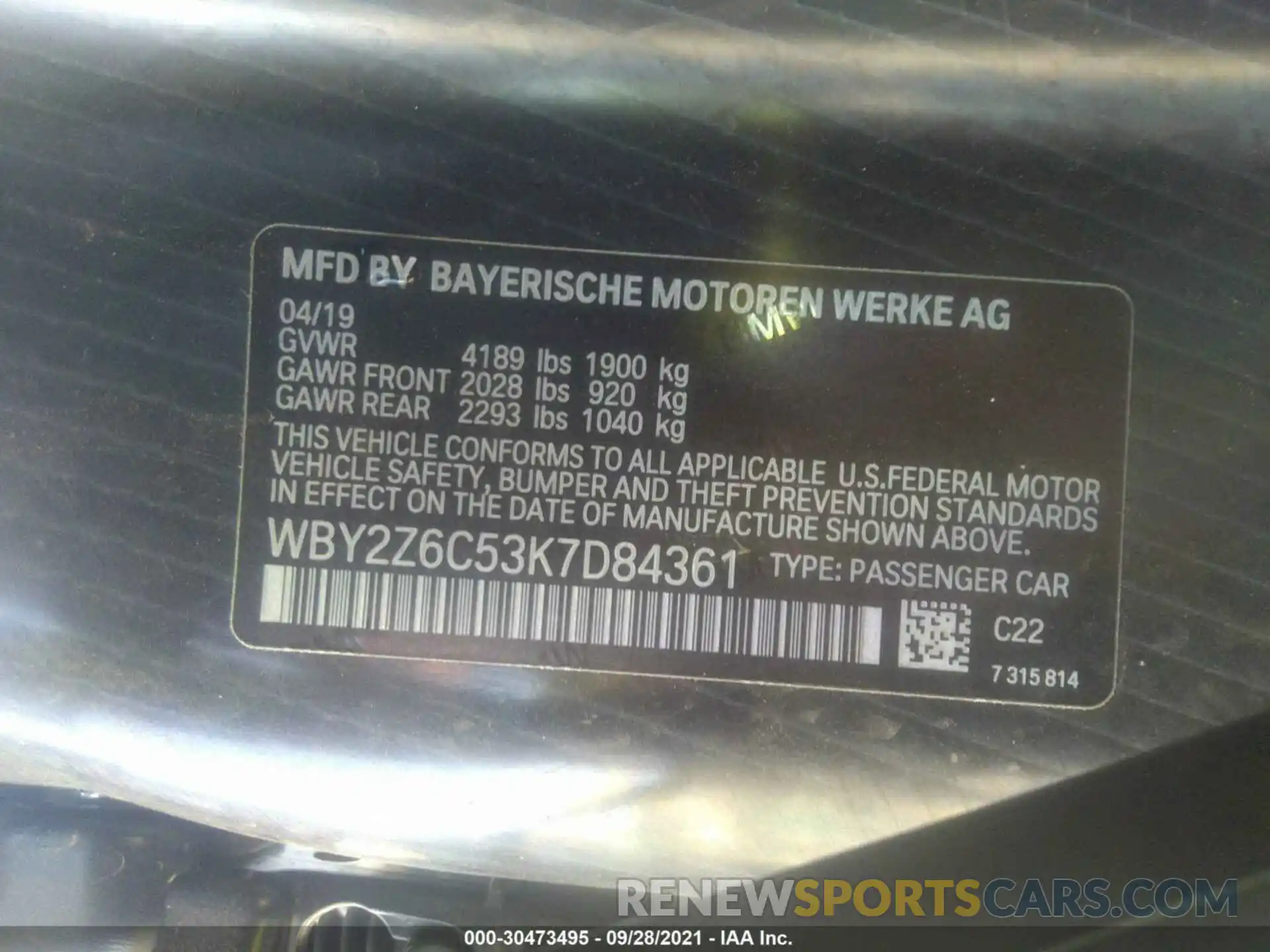 9 Photograph of a damaged car WBY2Z6C53K7D84361 BMW I8 2019