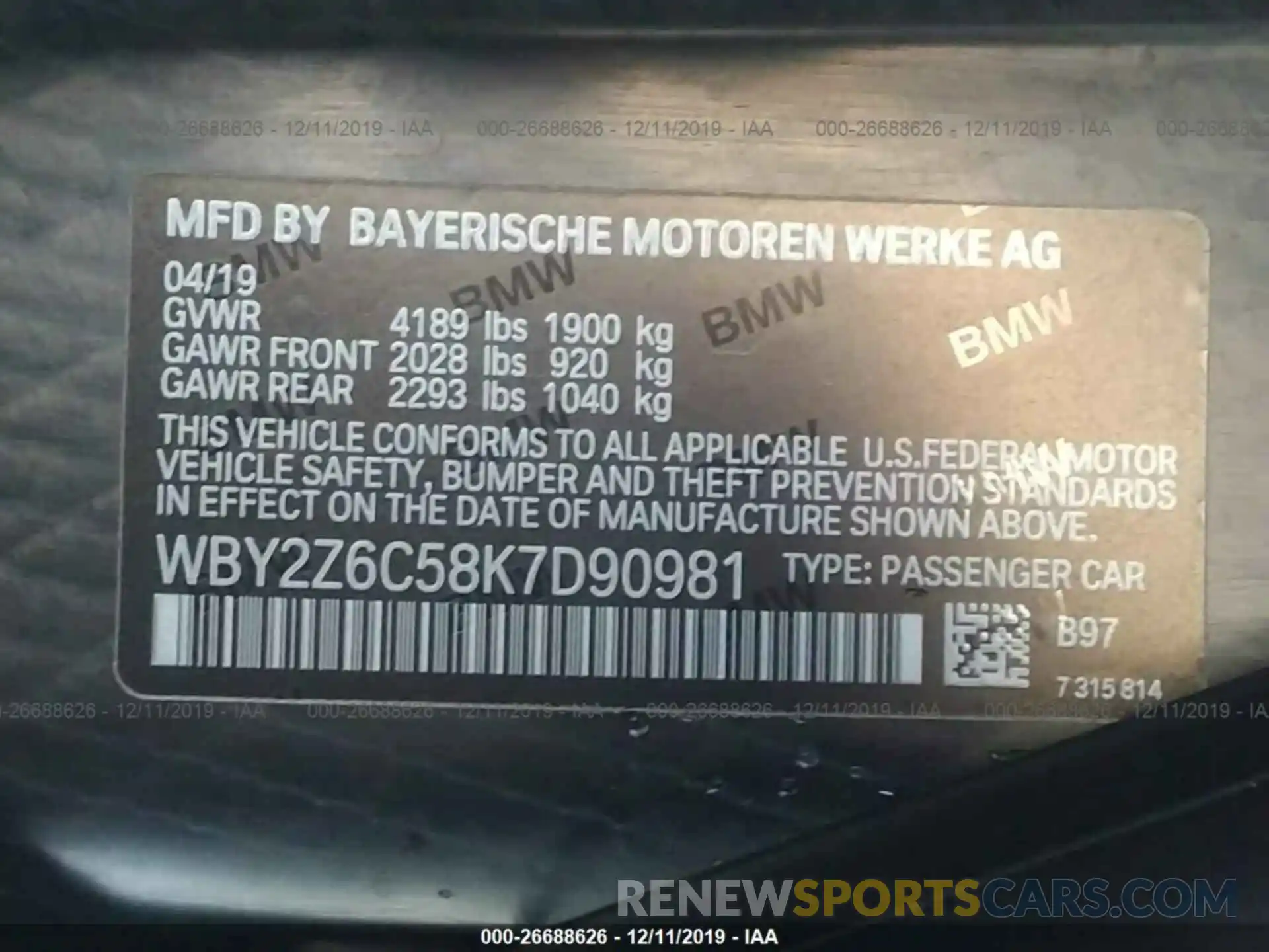9 Photograph of a damaged car WBY2Z6C58K7D90981 BMW I8 2019