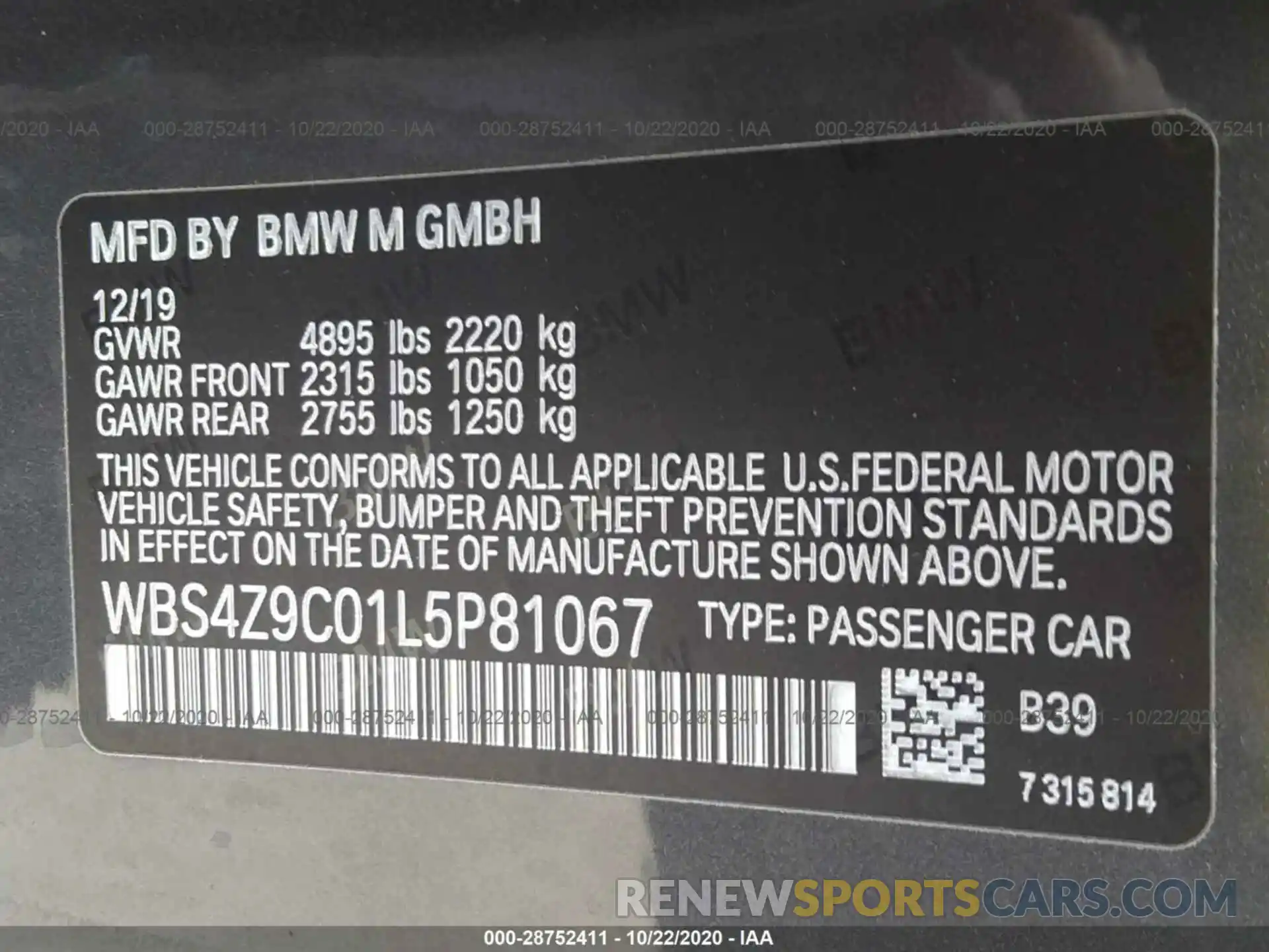 9 Photograph of a damaged car WBS4Z9C01L5P81067 BMW M4 2020
