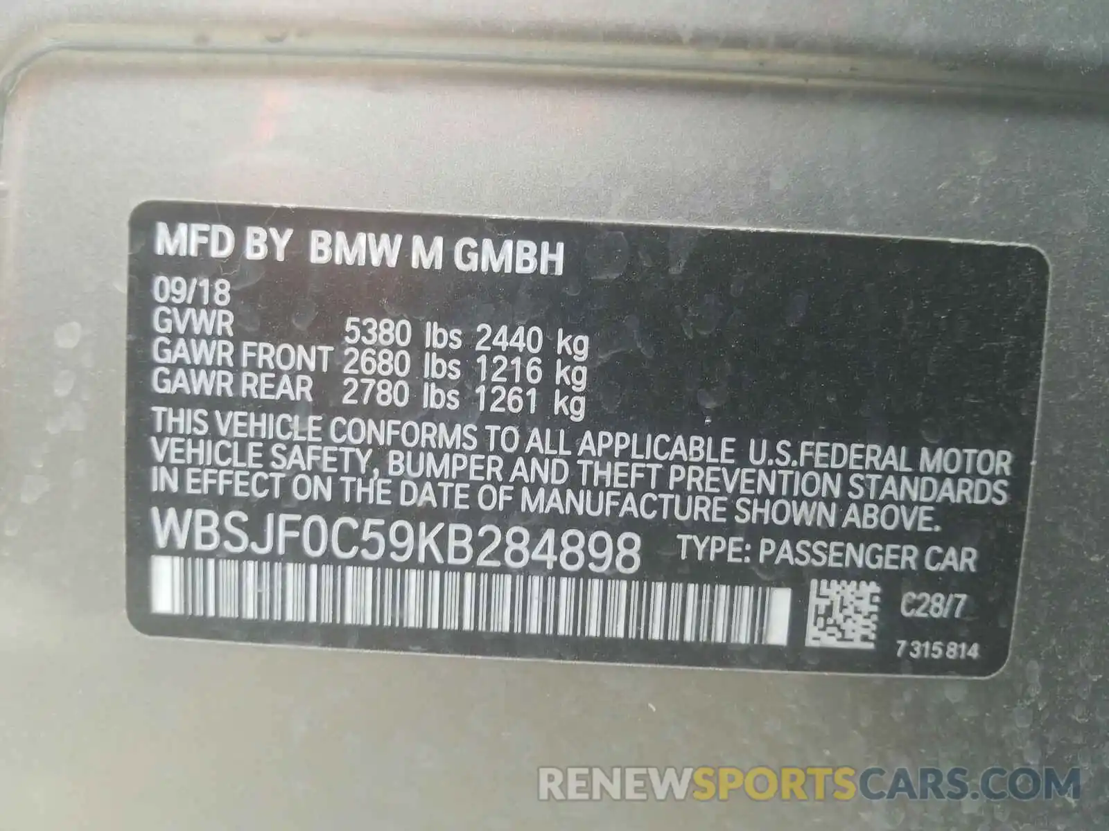 10 Photograph of a damaged car WBSJF0C59KB284898 BMW M5 2019