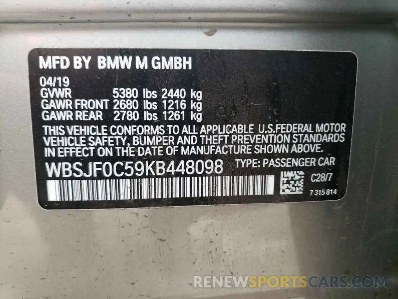 10 Photograph of a damaged car WBSJF0C59KB448098 BMW M5 2019