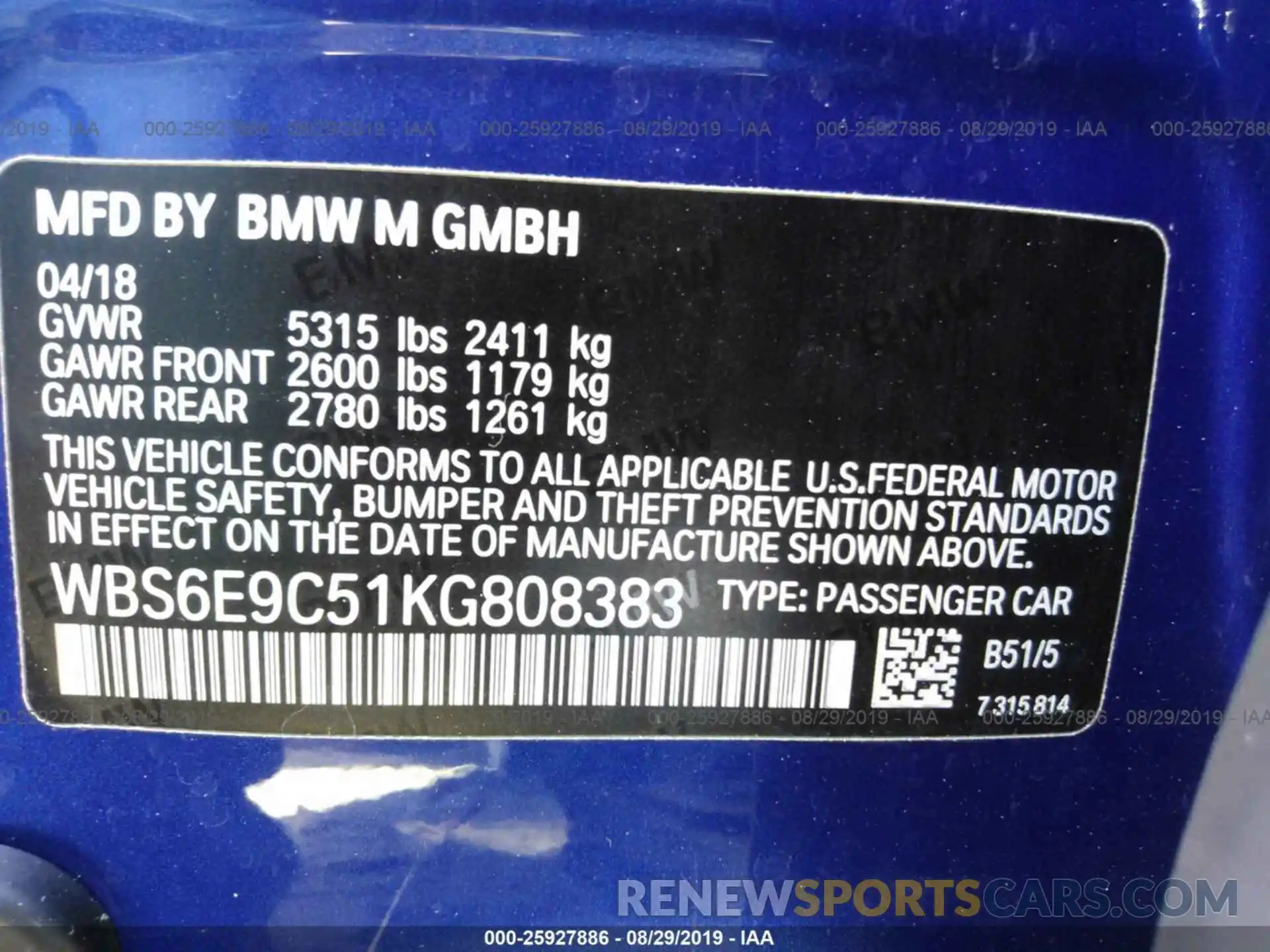 9 Photograph of a damaged car WBS6E9C51KG808383 BMW M6 2019