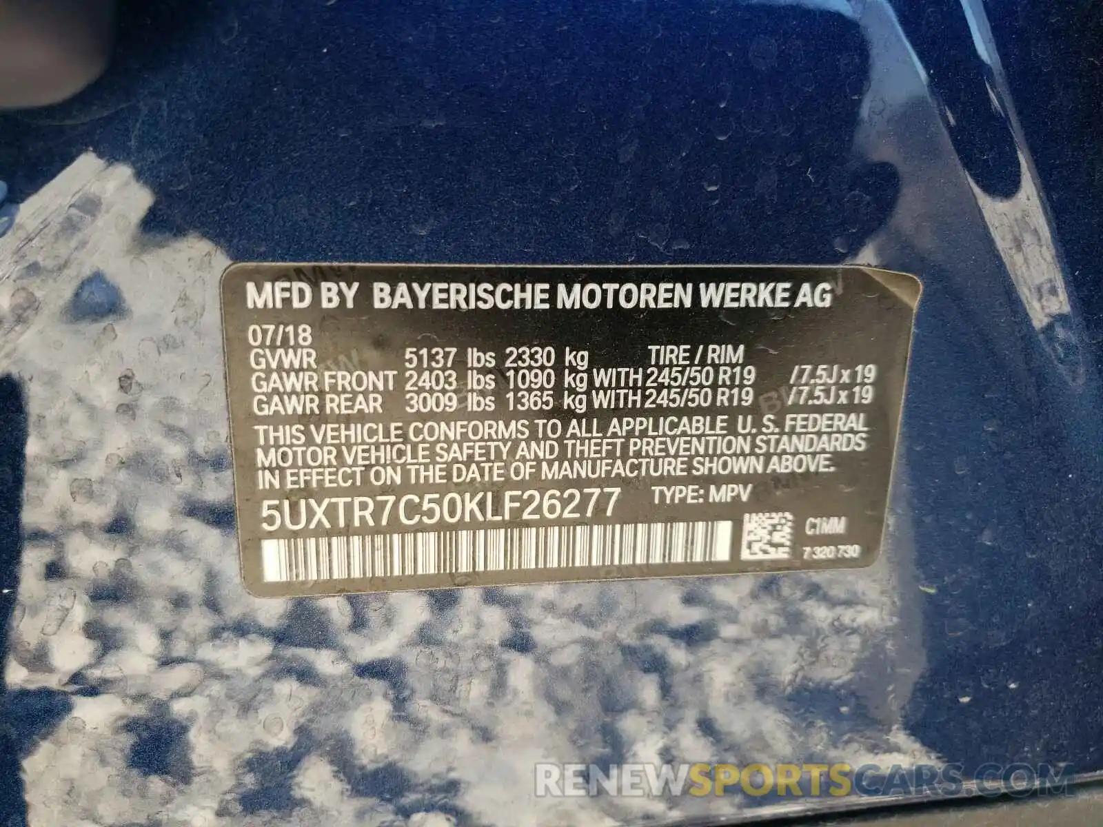 10 Photograph of a damaged car 5UXTR7C50KLF26277 BMW X3 2019