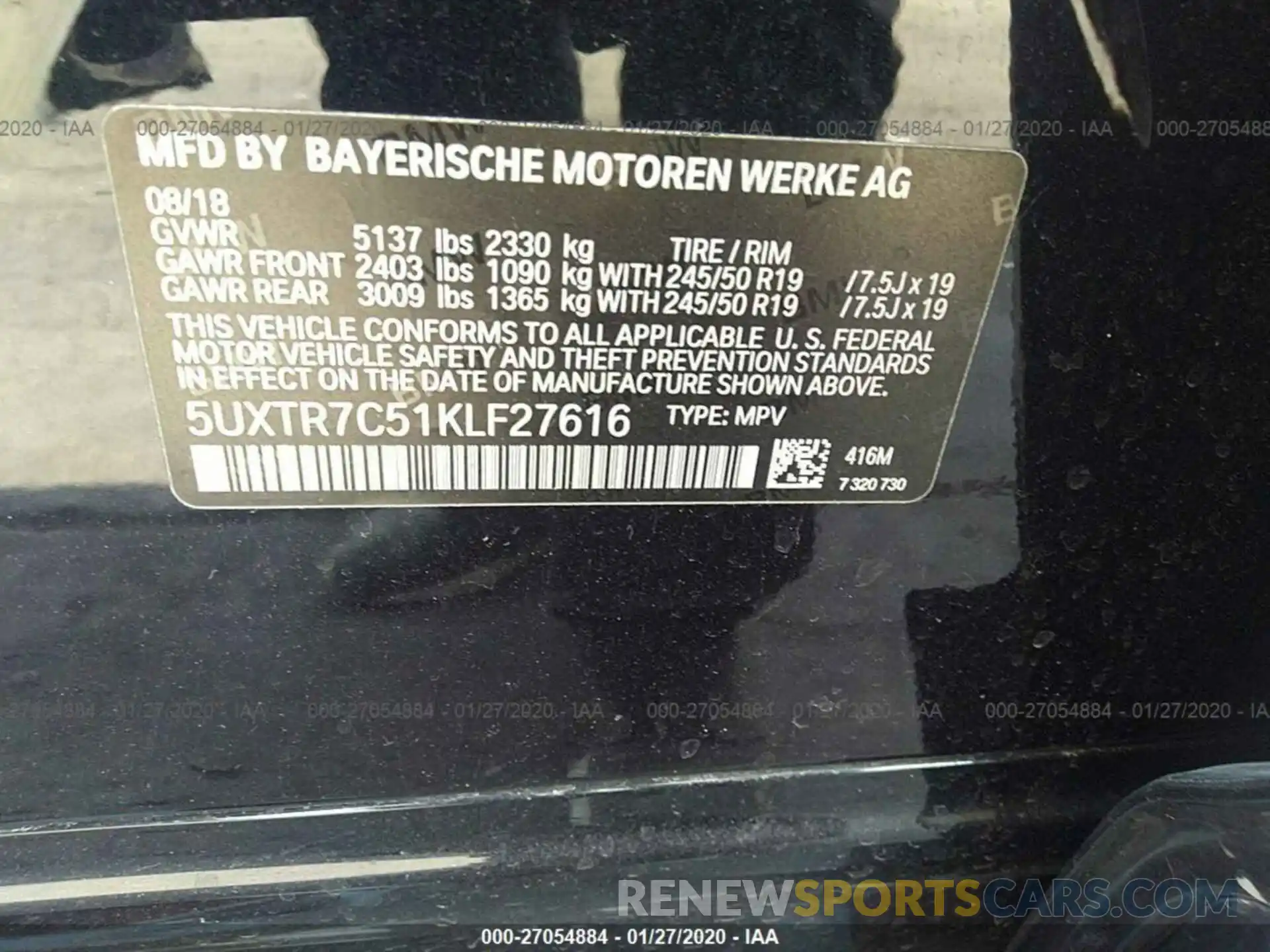9 Photograph of a damaged car 5UXTR7C51KLF27616 BMW X3 2019