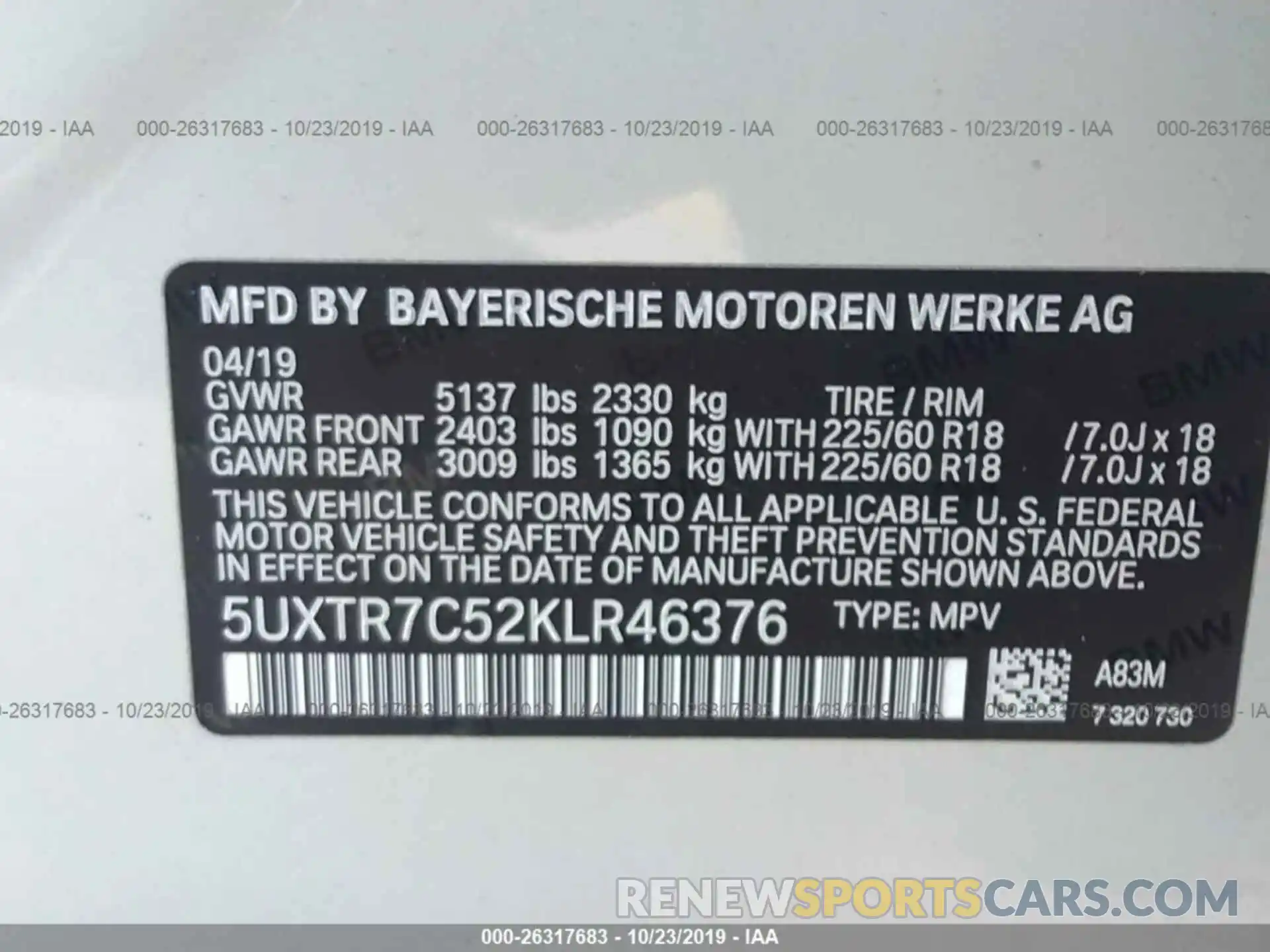9 Photograph of a damaged car 5UXTR7C52KLR46376 BMW X3 2019