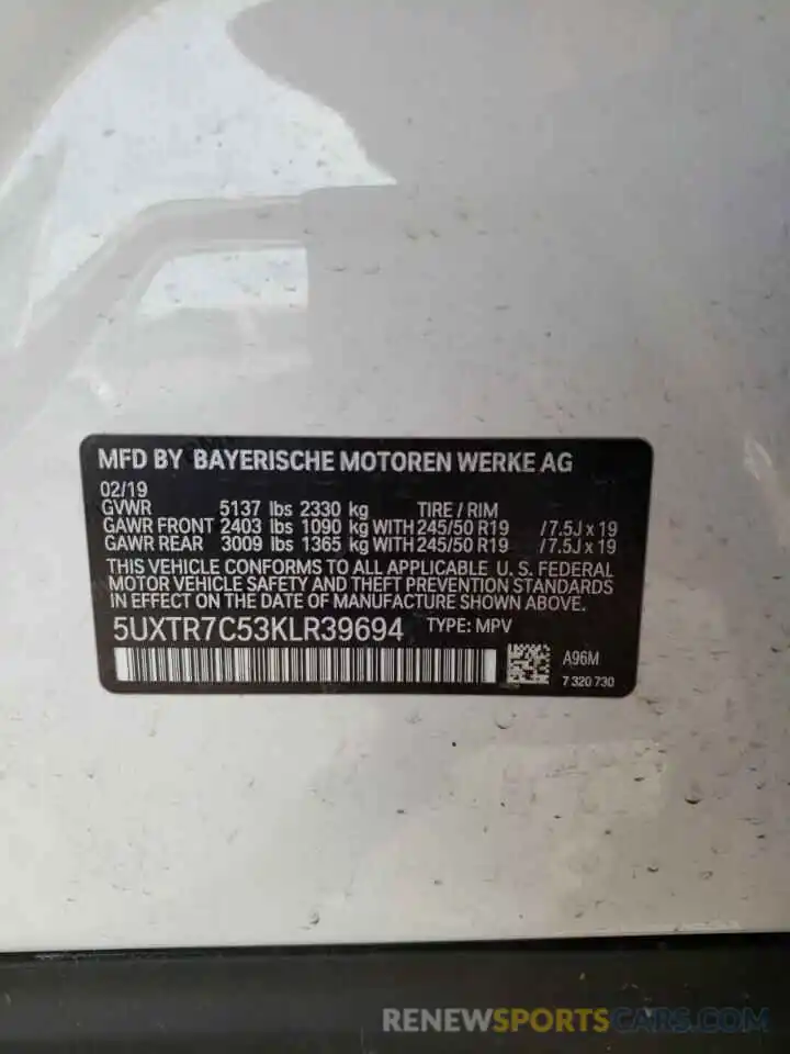 10 Photograph of a damaged car 5UXTR7C53KLR39694 BMW X3 2019