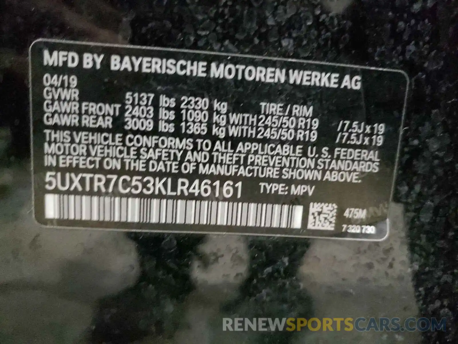 10 Photograph of a damaged car 5UXTR7C53KLR46161 BMW X3 2019