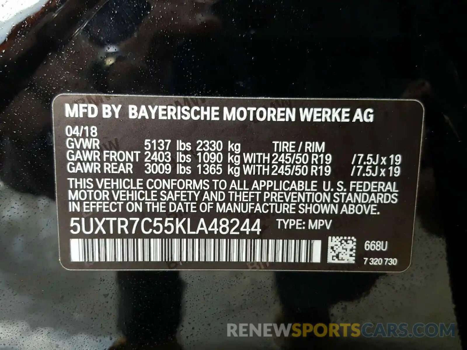 10 Photograph of a damaged car 5UXTR7C55KLA48244 BMW X3 2019