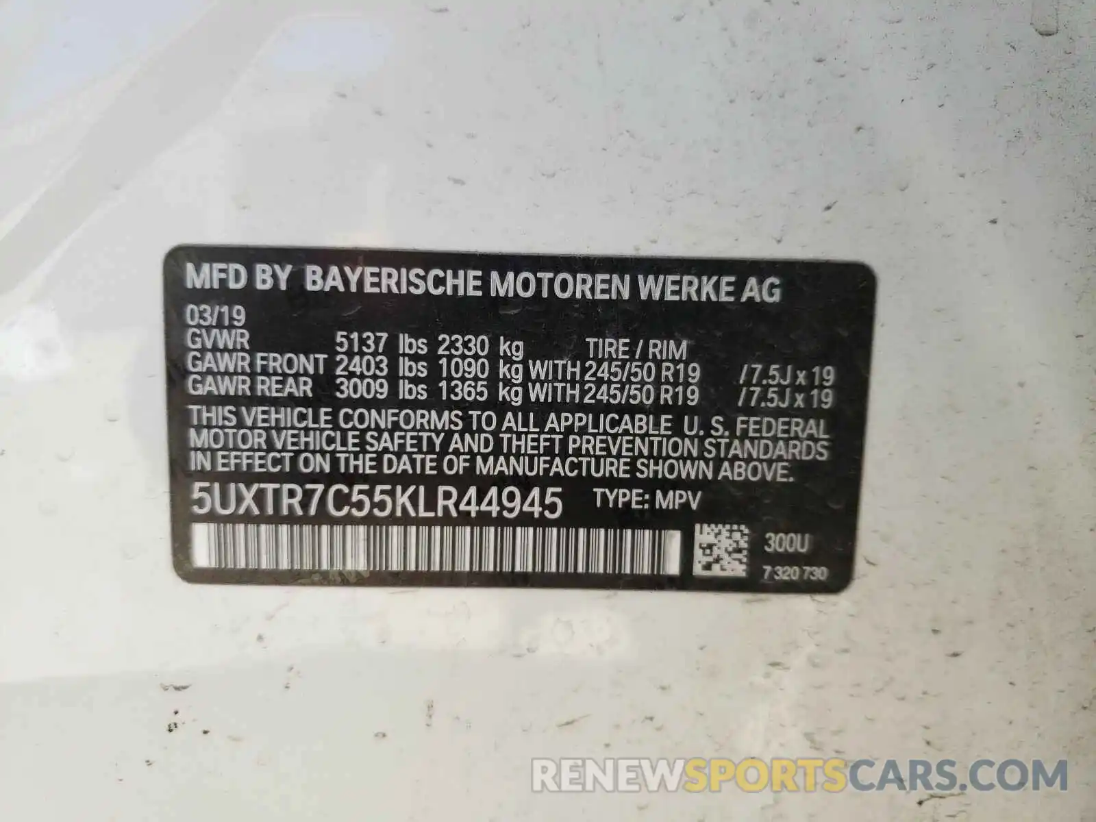 10 Photograph of a damaged car 5UXTR7C55KLR44945 BMW X3 2019