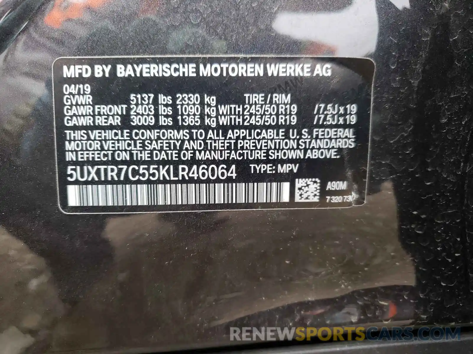 10 Photograph of a damaged car 5UXTR7C55KLR46064 BMW X3 2019