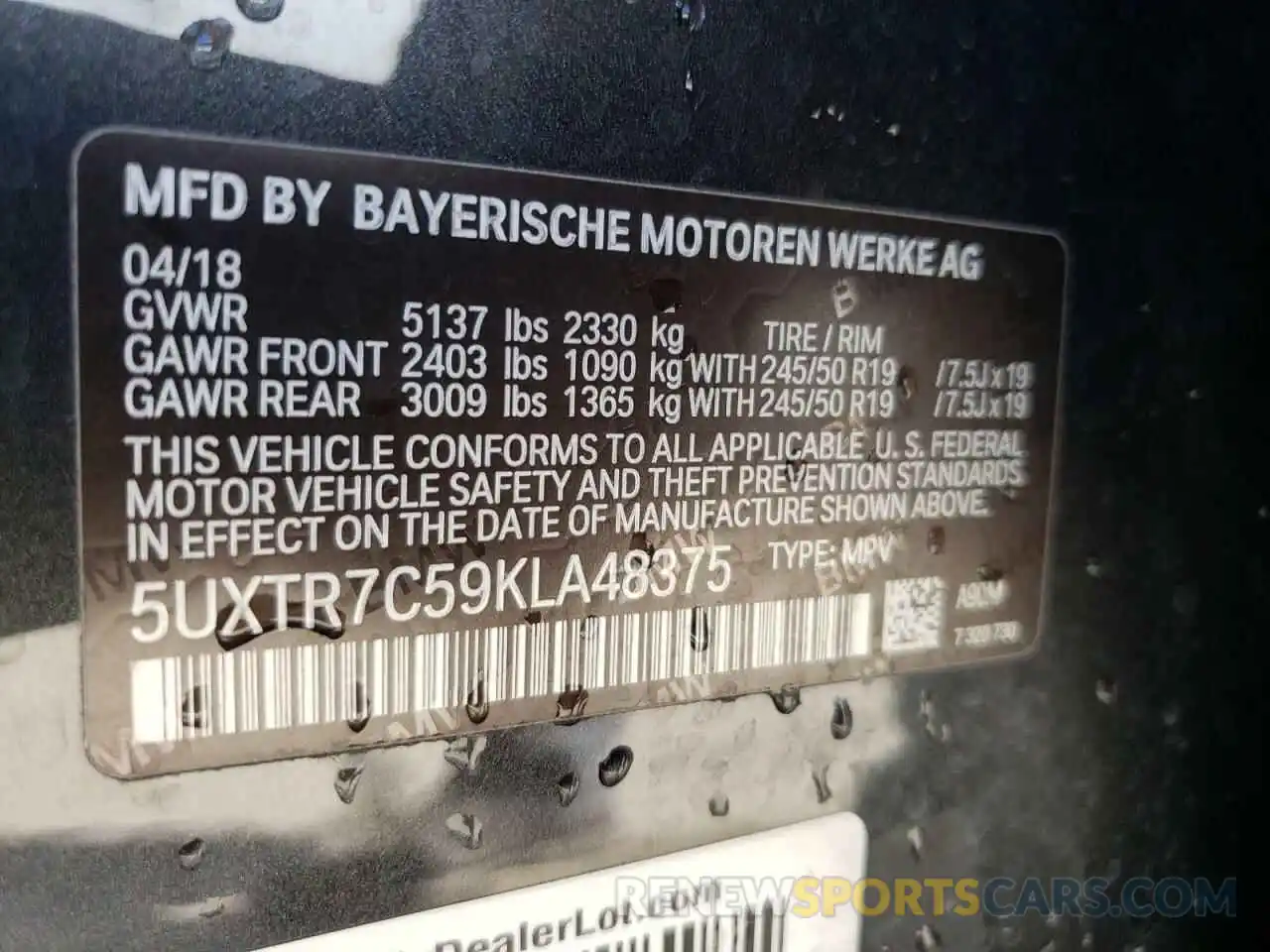 10 Photograph of a damaged car 5UXTR7C59KLA48375 BMW X3 2019