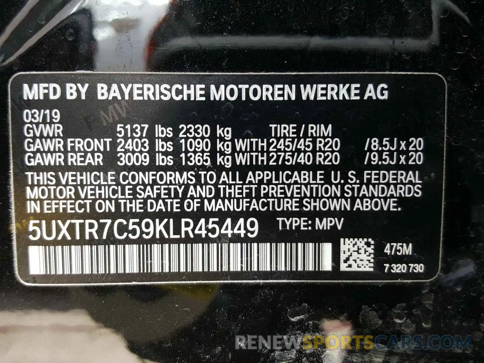 10 Photograph of a damaged car 5UXTR7C59KLR45449 BMW X3 2019