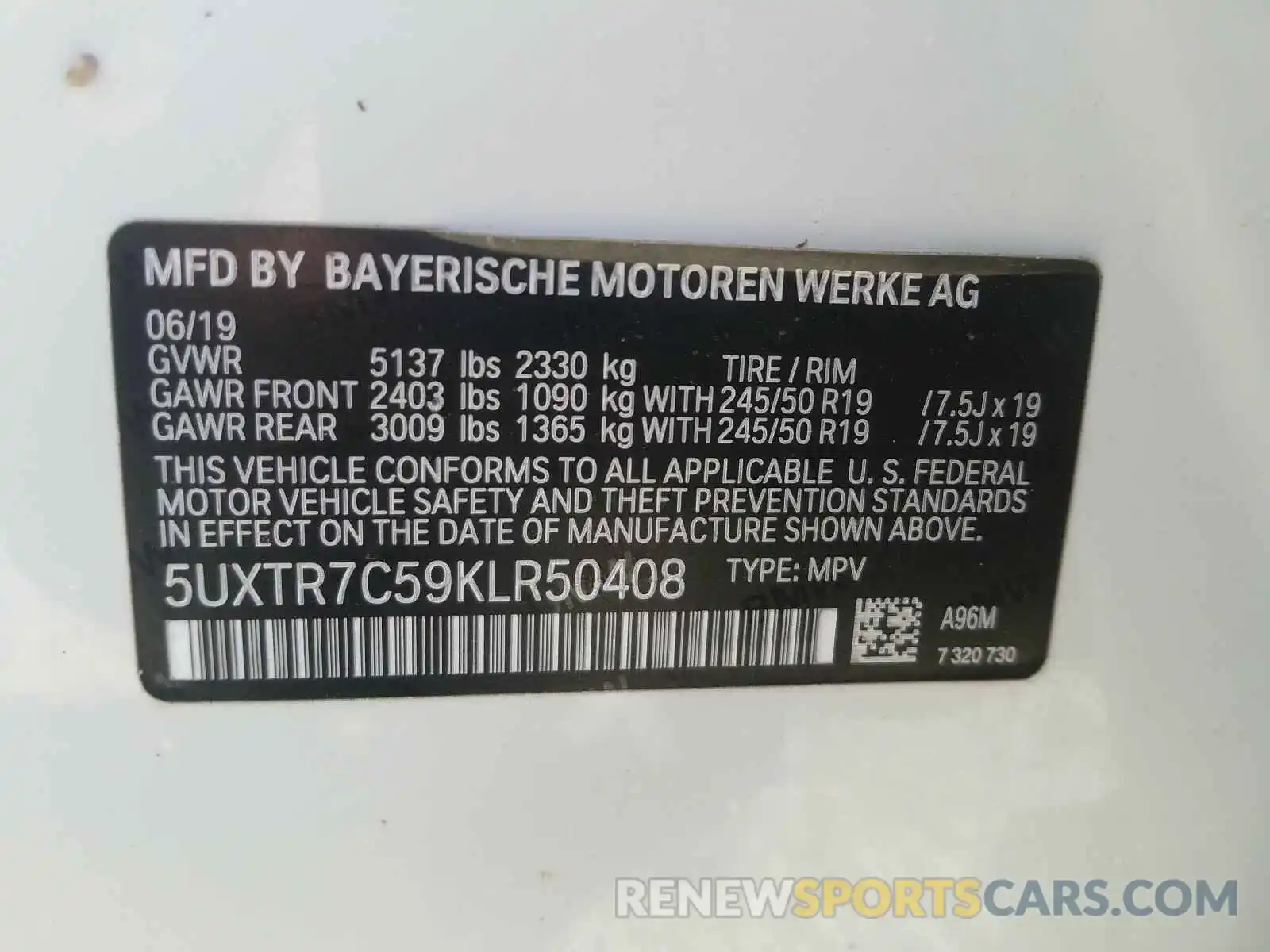 10 Photograph of a damaged car 5UXTR7C59KLR50408 BMW X3 2019