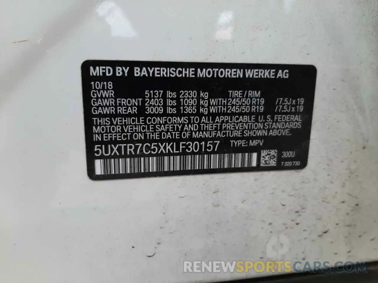 10 Photograph of a damaged car 5UXTR7C5XKLF30157 BMW X3 2019