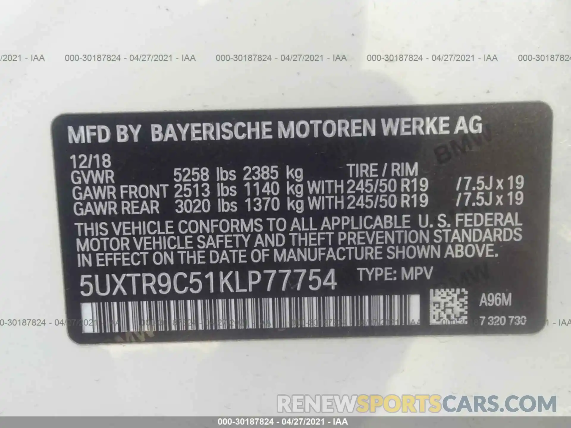 9 Photograph of a damaged car 5UXTR9C51KLP77754 BMW X3 2019
