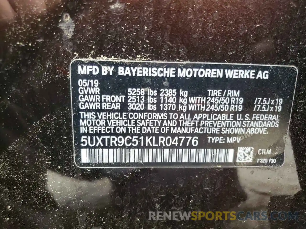 10 Photograph of a damaged car 5UXTR9C51KLR04776 BMW X3 2019