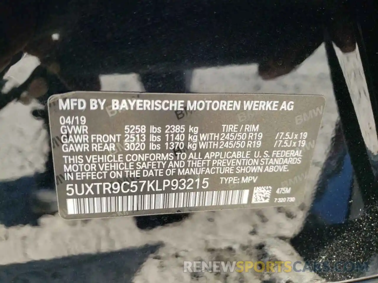 10 Photograph of a damaged car 5UXTR9C57KLP93215 BMW X3 2019