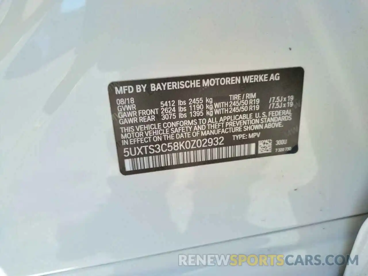 10 Photograph of a damaged car 5UXTS3C58K0Z02932 BMW X3 2019