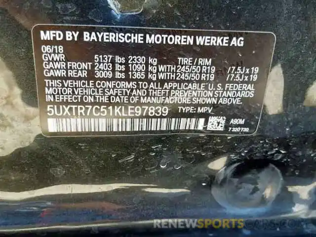 10 Photograph of a damaged car 5UXTR7C51KLE97839 BMW X3 SDRIVE3 2019