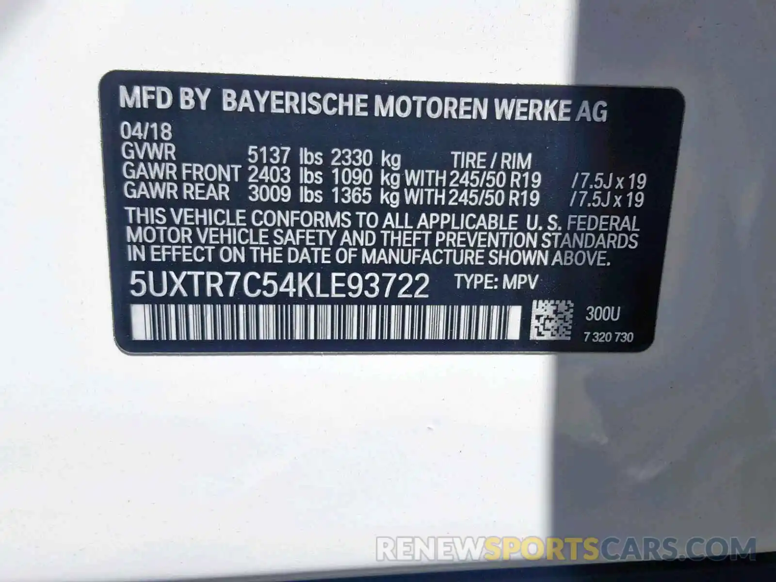 10 Photograph of a damaged car 5UXTR7C54KLE93722 BMW X3 SDRIVE3 2019