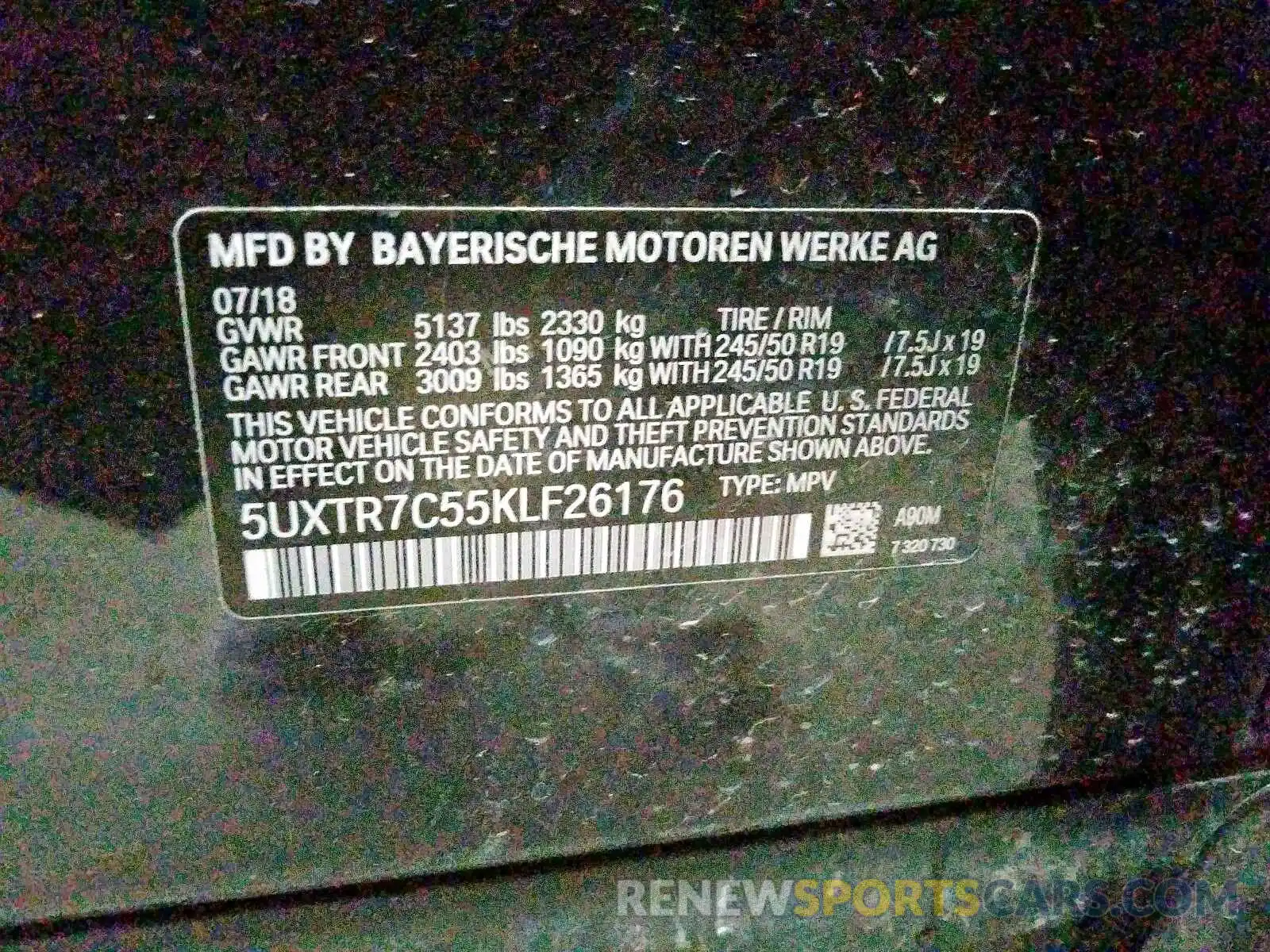 10 Photograph of a damaged car 5UXTR7C55KLF26176 BMW X3 SDRIVE3 2019