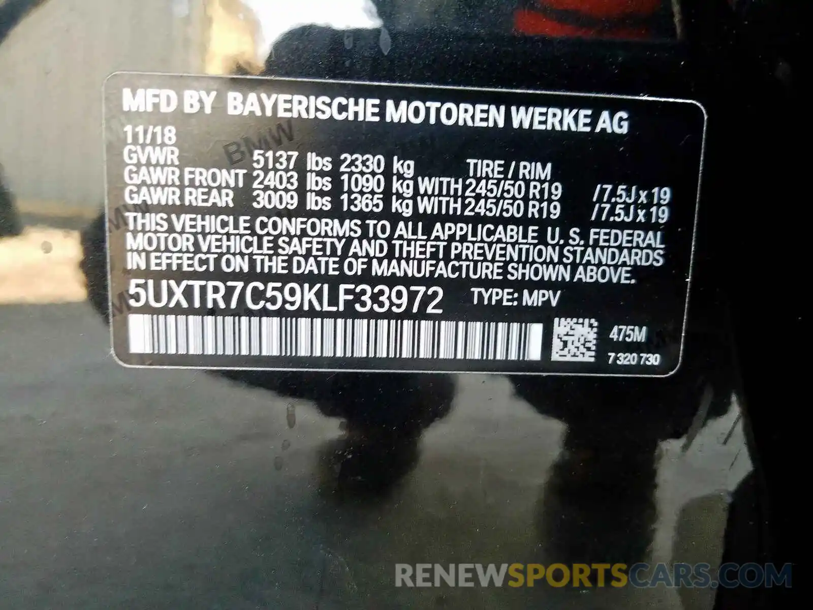 10 Photograph of a damaged car 5UXTR7C59KLF33972 BMW X3 SDRIVE3 2019