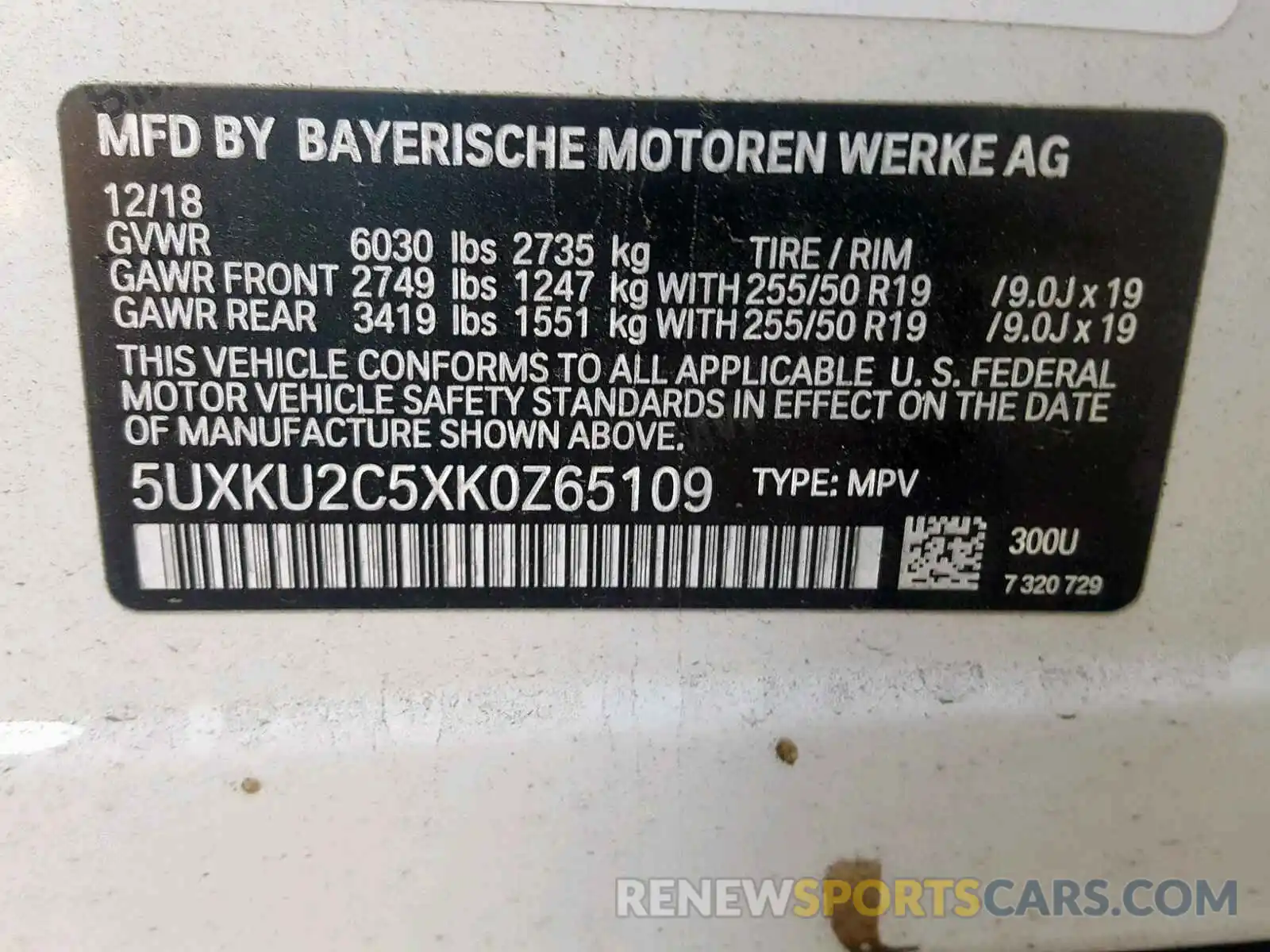 10 Photograph of a damaged car 5UXKU2C5XK0Z65109 BMW X6 XDRIVE3 2019