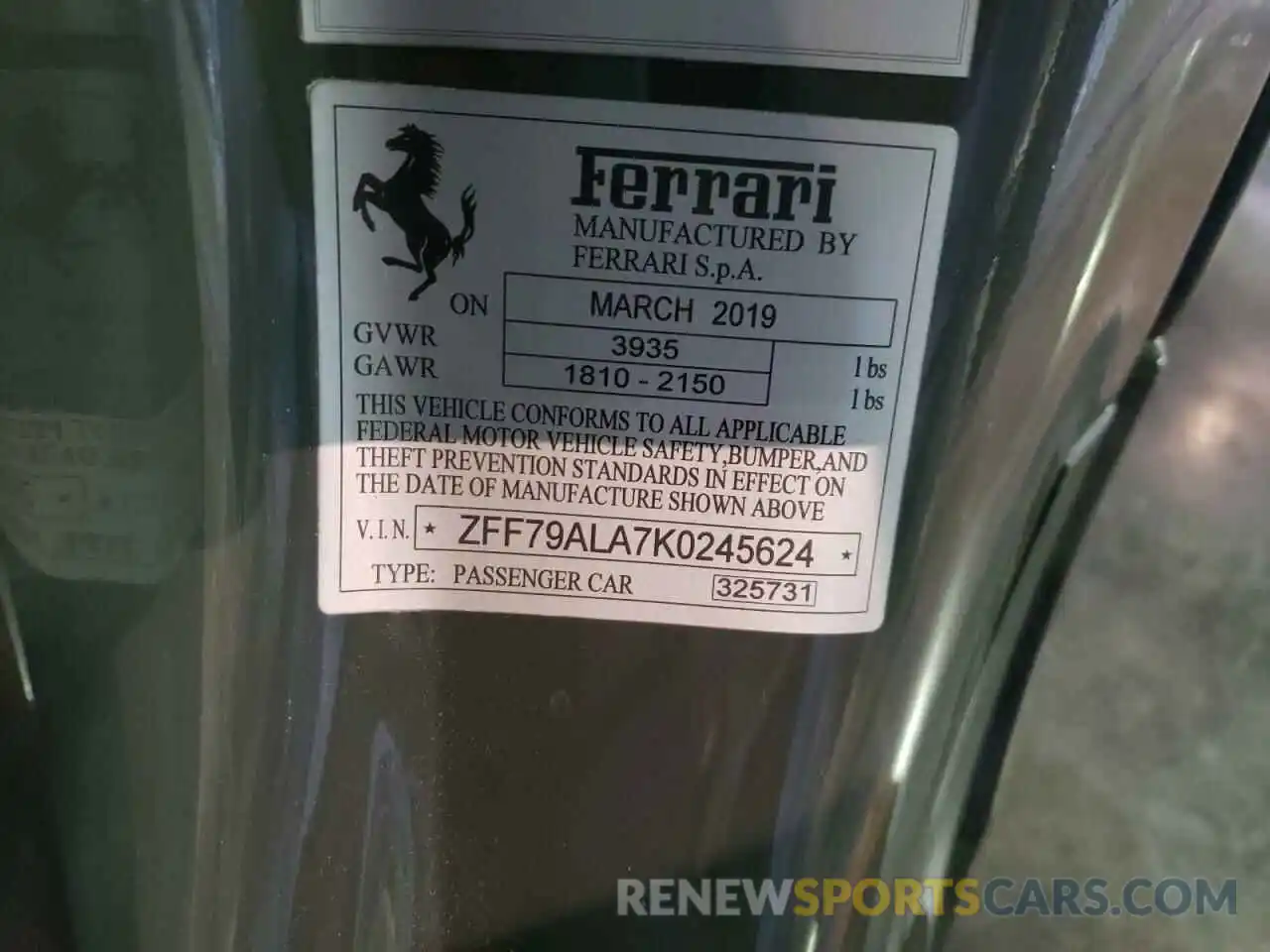 16 Photograph of a damaged car ZFF79ALA7K0245624 FERRARI ALL MODELS 2019