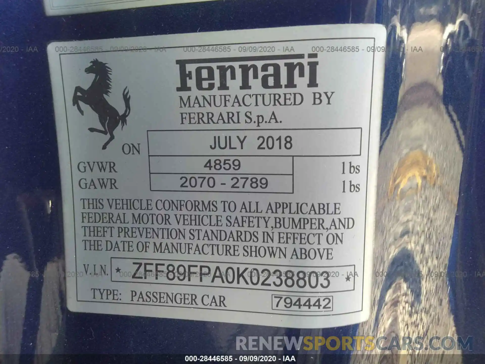 9 Фотография поврежденного автомобиля ZFF89FPA0K0238803 FERRARI PORTOFINO 2019