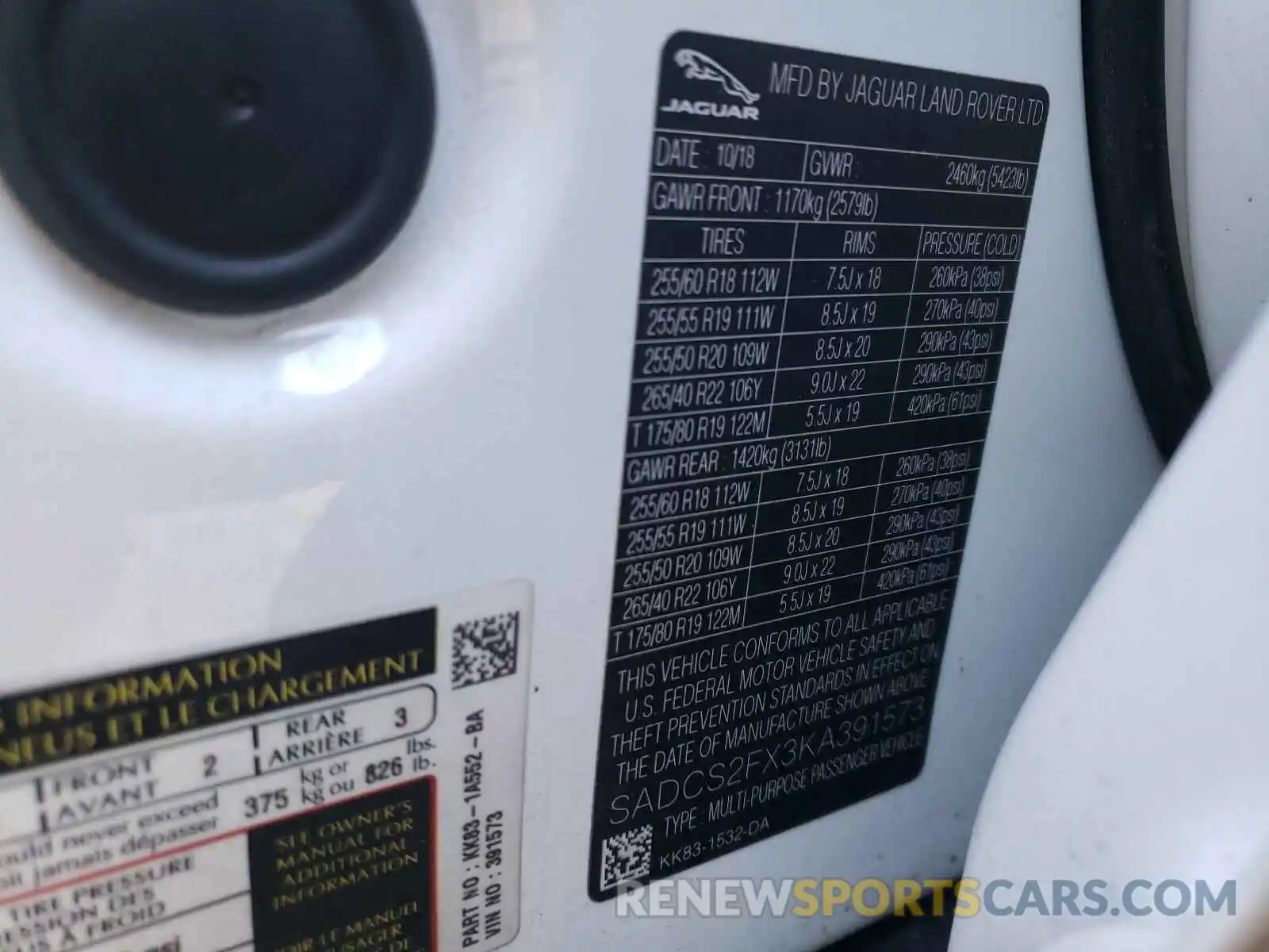 10 Photograph of a damaged car SADCS2FX3KA391573 JAGUAR F-PACE 2019