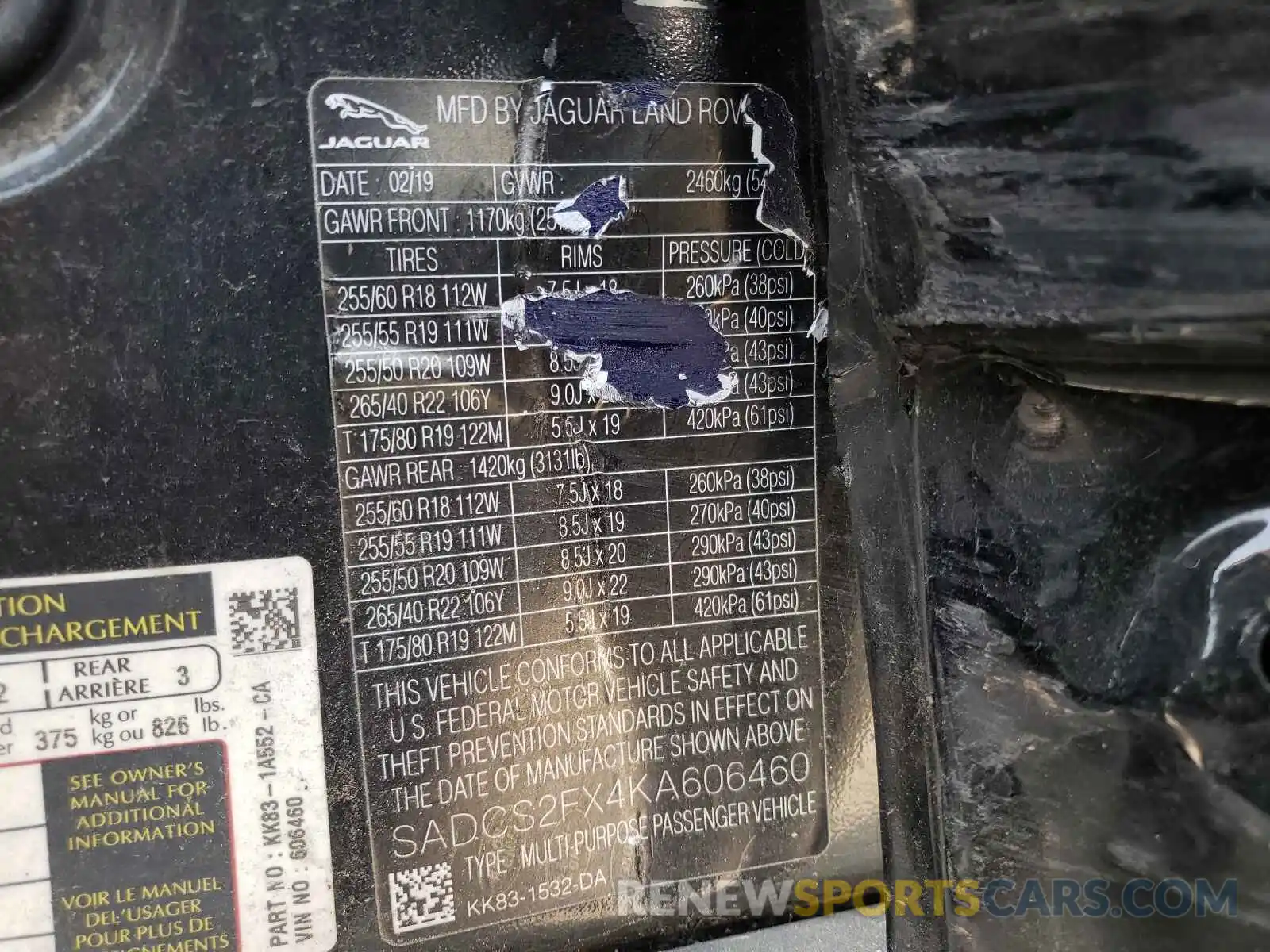 10 Photograph of a damaged car SADCS2FX4KA606460 JAGUAR F-PACE 2019