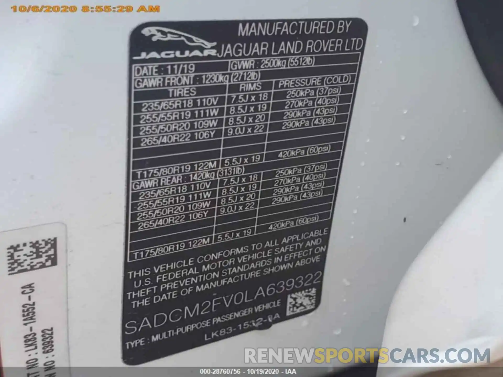 17 Photograph of a damaged car SADCM2FV0LA639322 JAGUAR F-PACE 2020