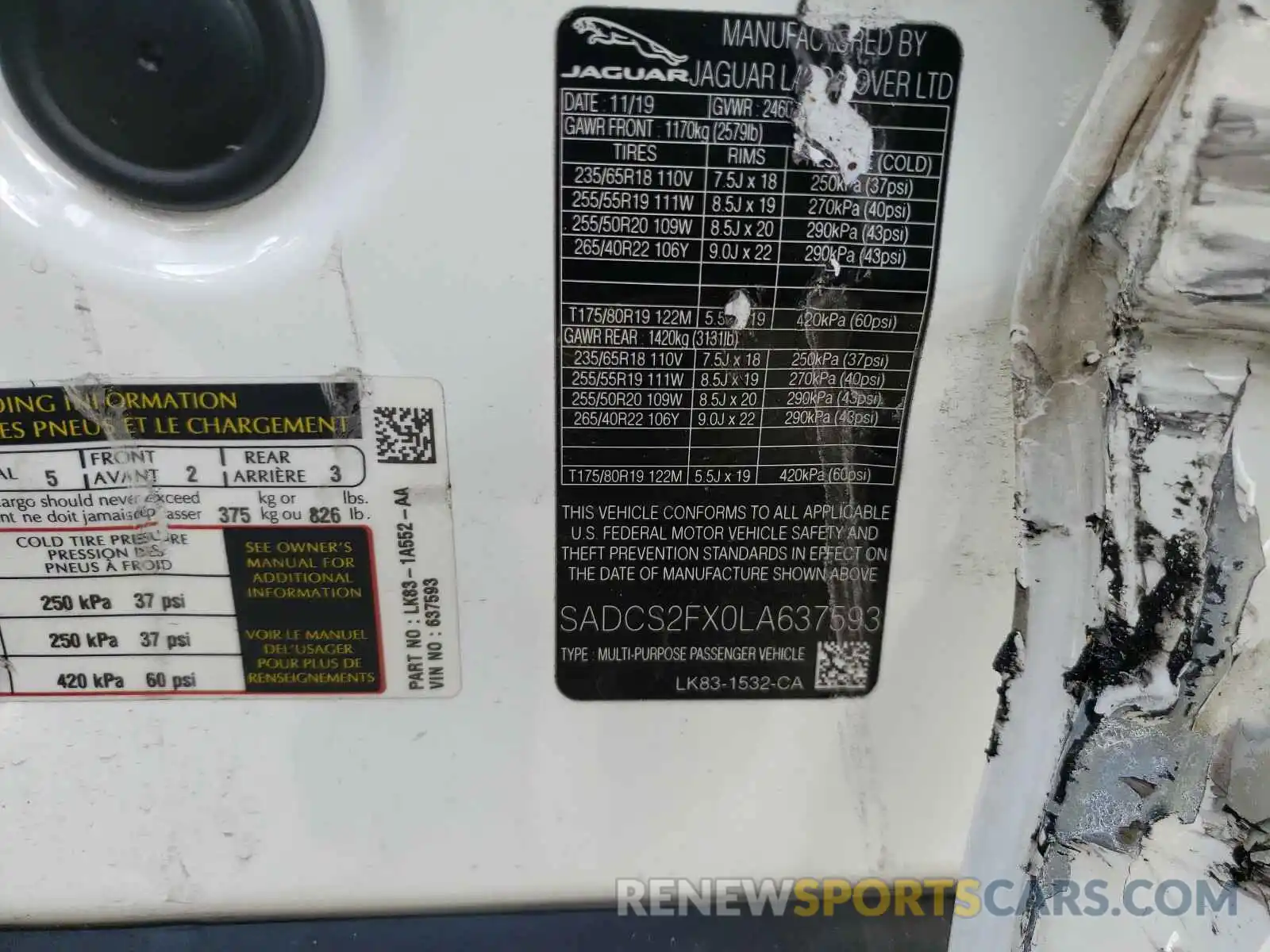 10 Photograph of a damaged car SADCS2FX0LA637593 JAGUAR F-PACE 2020
